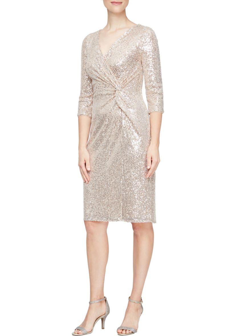 Womens Short Sequined Sheath Dress with Surplice Neckline