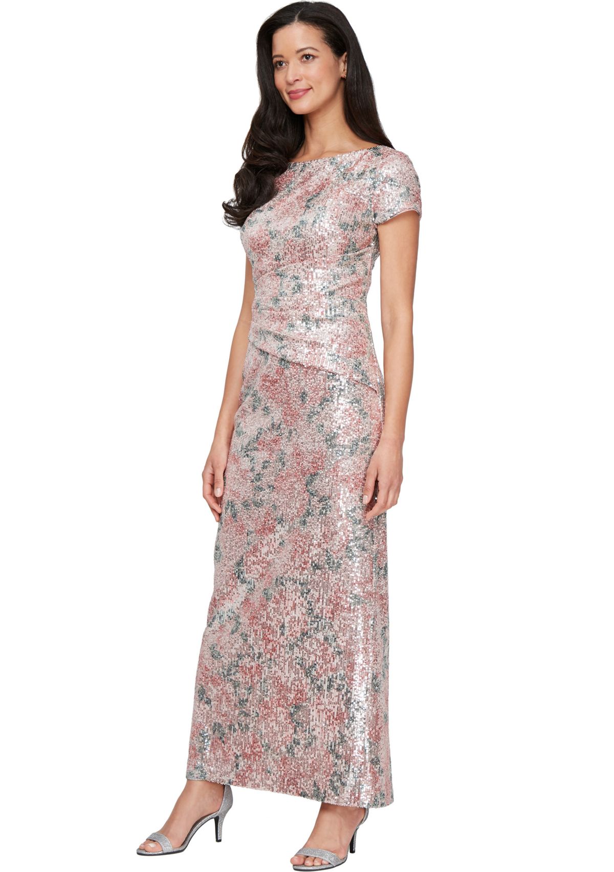 Womens Long Printed Stretch Sequin Column Dress