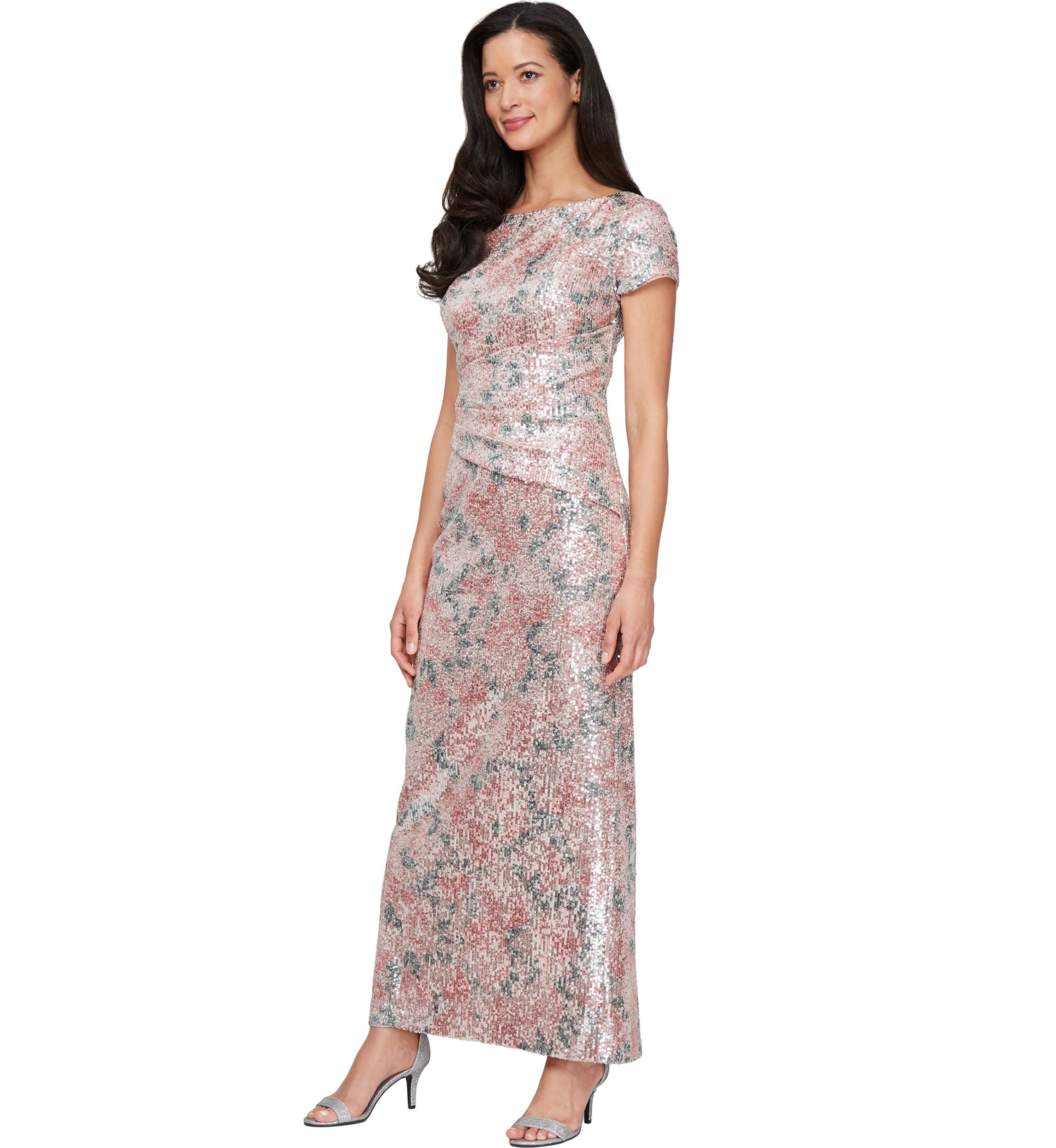 Womens Long Printed Stretch Sequin Column Dress