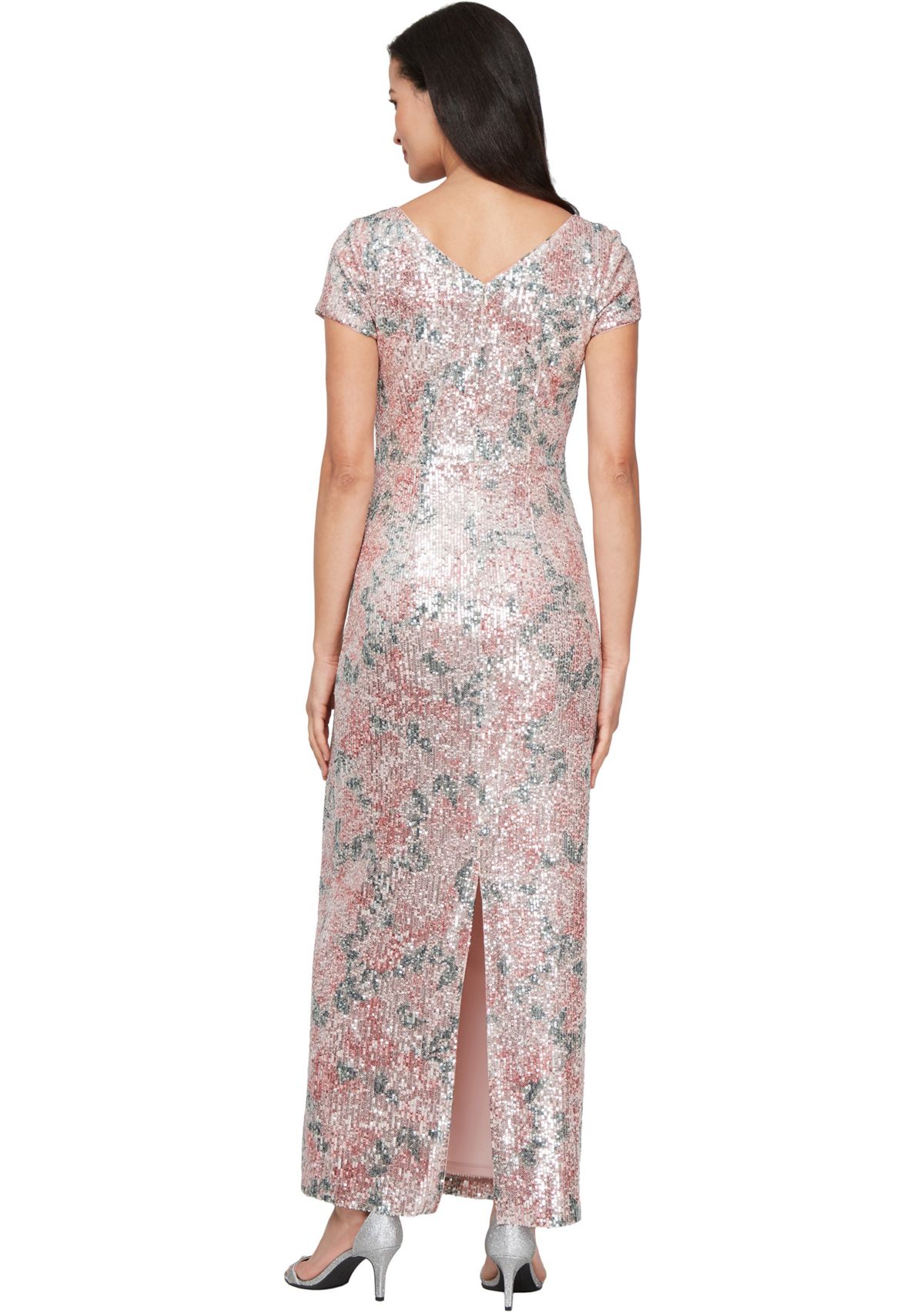 Womens Long Printed Stretch Sequin Column Dress