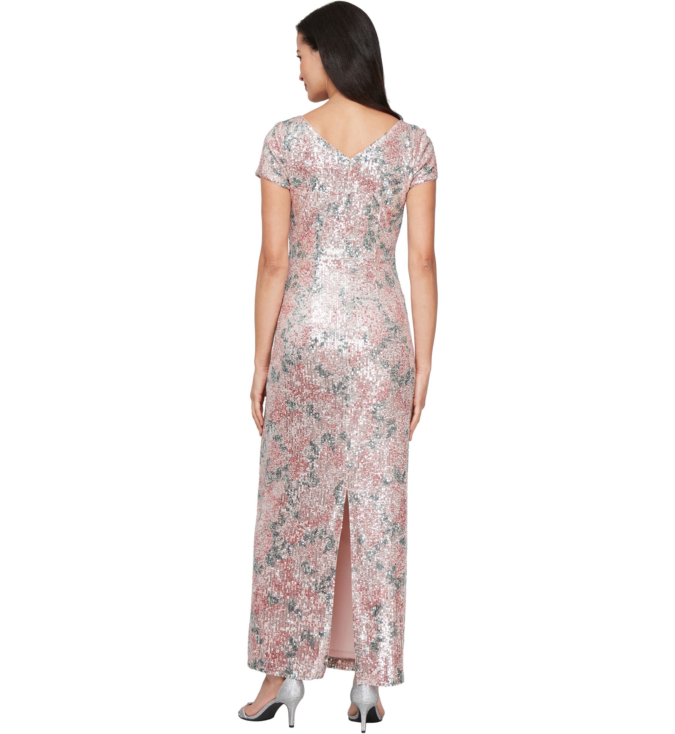 Womens Long Printed Stretch Sequin Column Dress