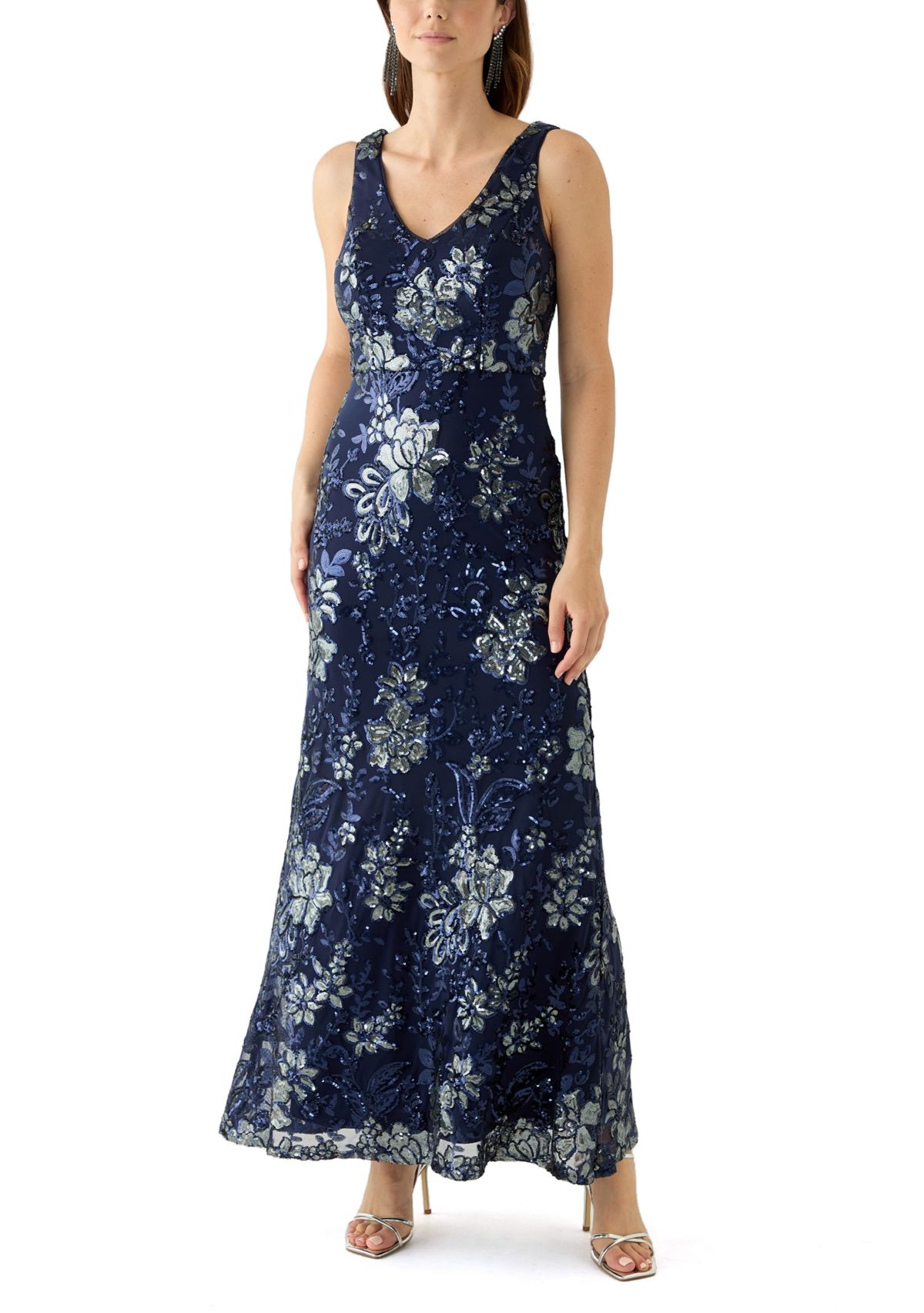 Womens Sleeveless Scoop Neck Floral Print Lace Gown