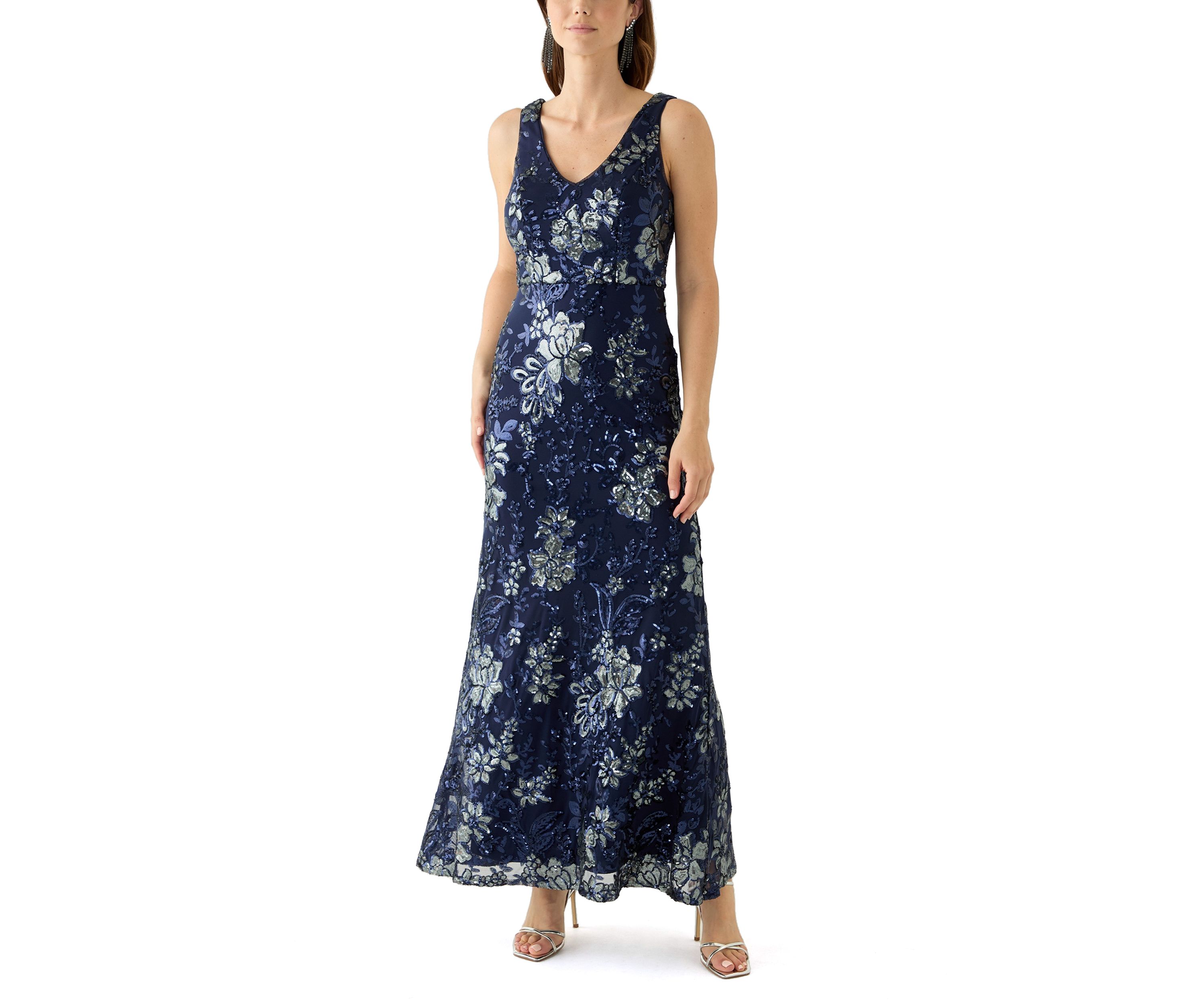 Womens Sleeveless Scoop Neck Floral Print Lace Gown