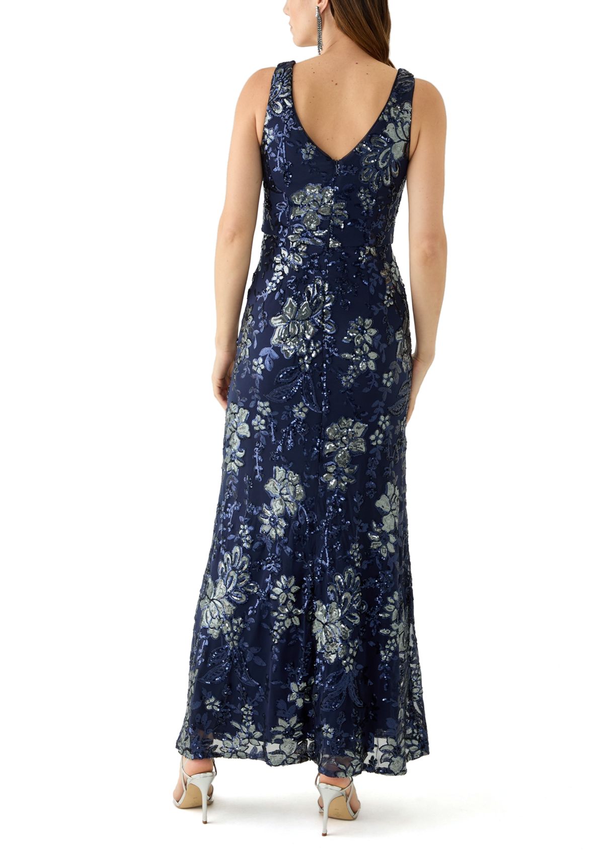 Womens Sleeveless Scoop Neck Floral Print Lace Gown