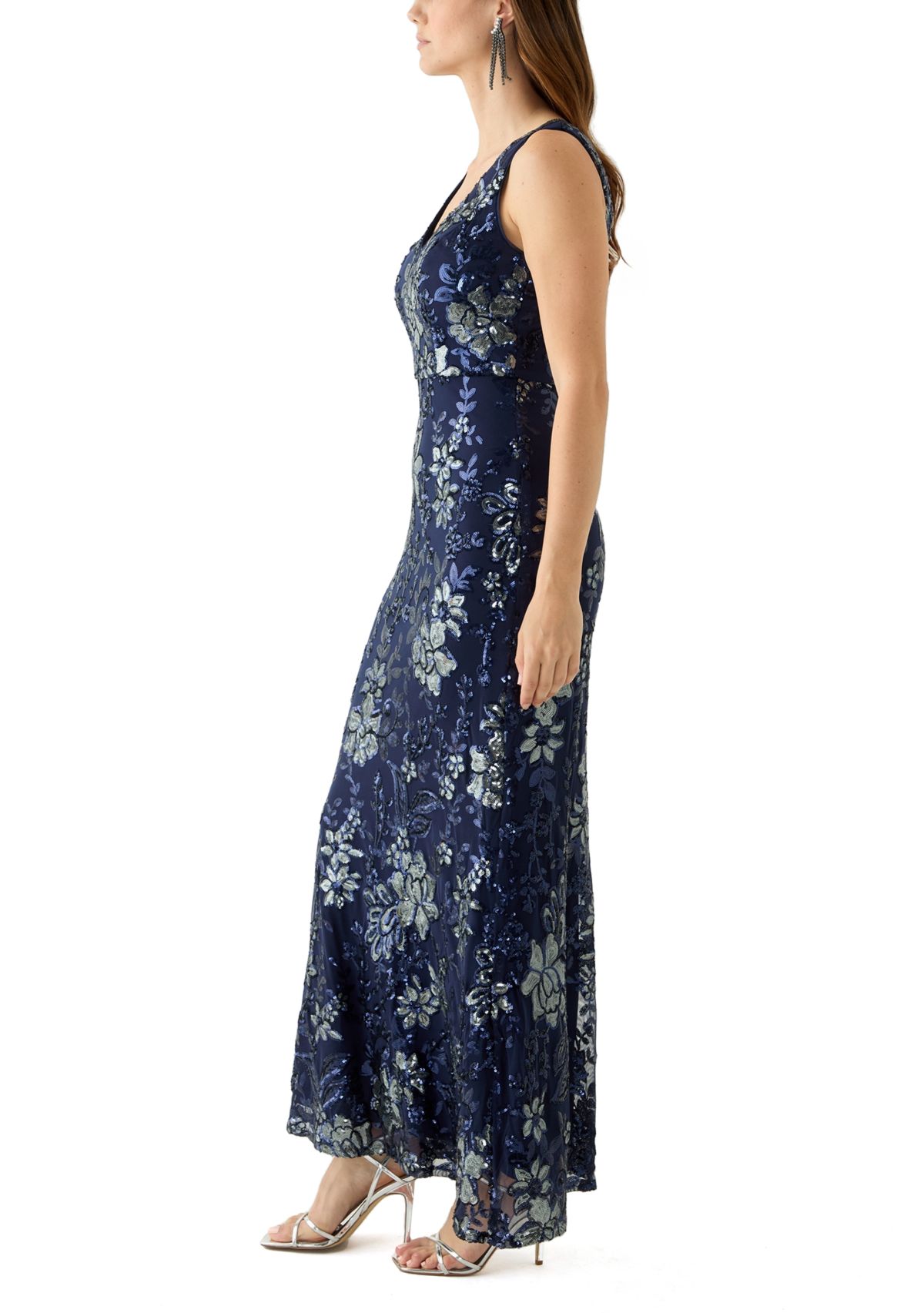 Womens Sleeveless Scoop Neck Floral Print Lace Gown
