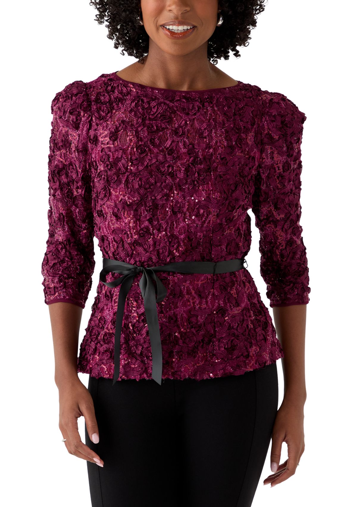 Womens Soutache Blouse with 3/4 Puff Sleeves