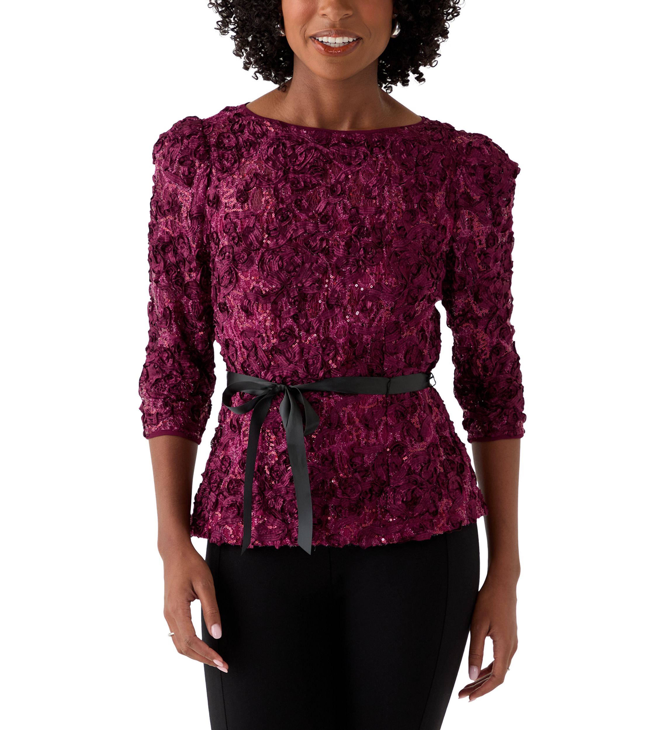 Womens Soutache Blouse with 3/4 Puff Sleeves