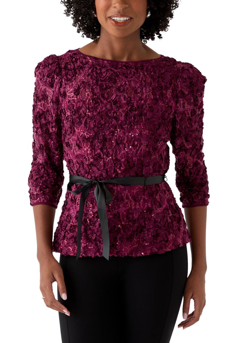 Womens Soutache Blouse with 3/4 Puff Sleeves