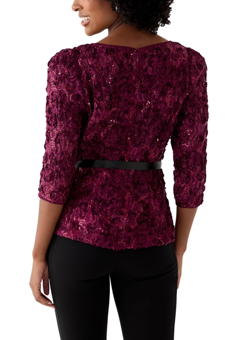Womens Soutache Blouse with 3/4 Puff Sleeves