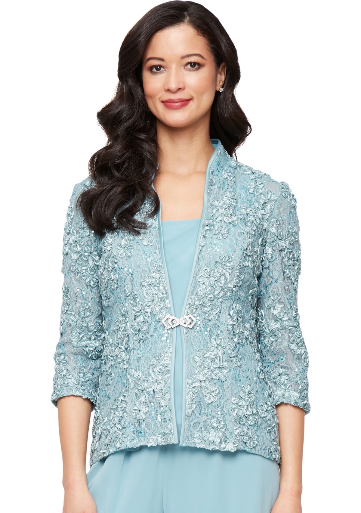 Womens 3/4 Sleeve Printed Mandarin Neck Twinset Top