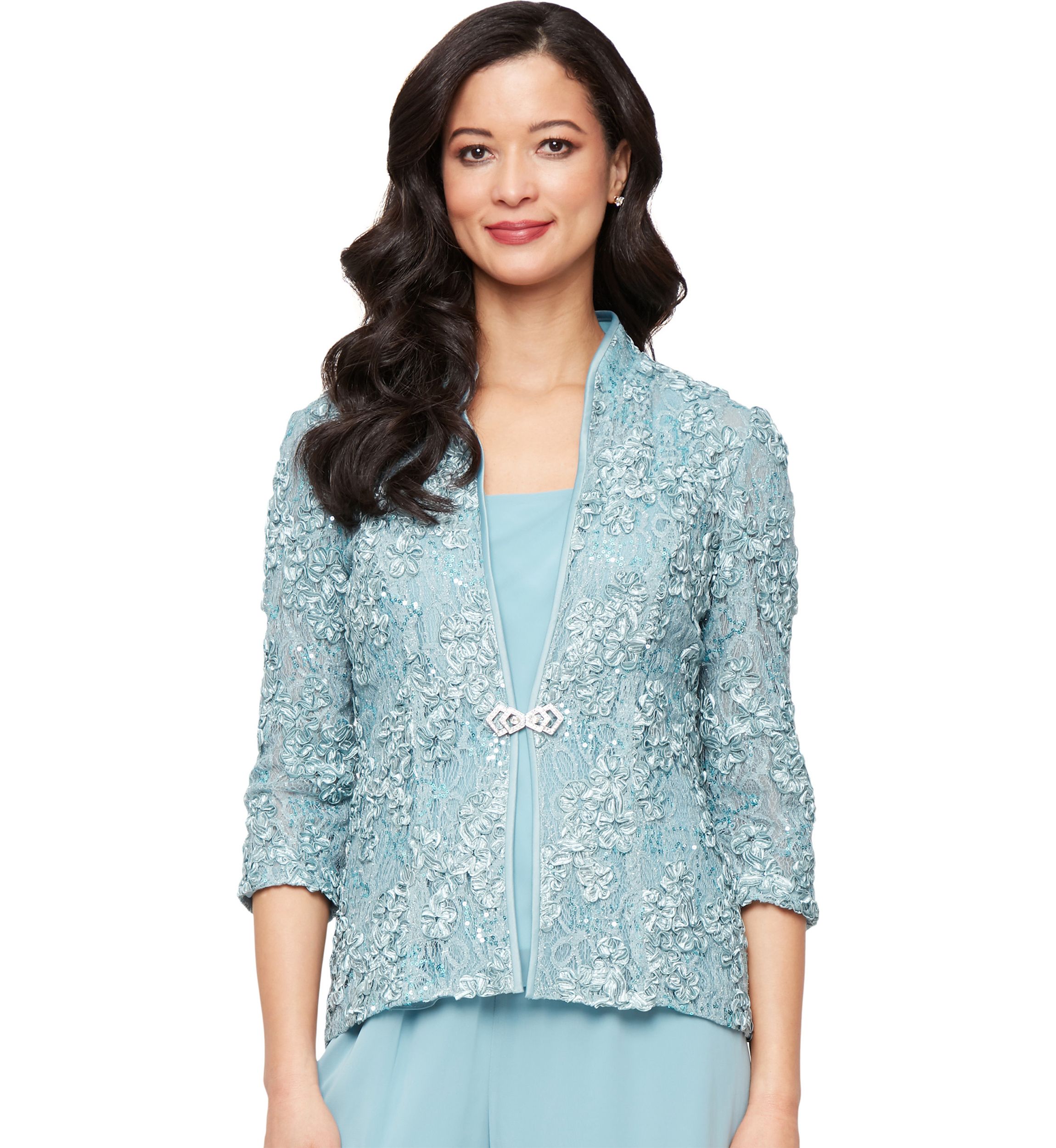 Womens 3/4 Sleeve Printed Mandarin Neck Twinset Top