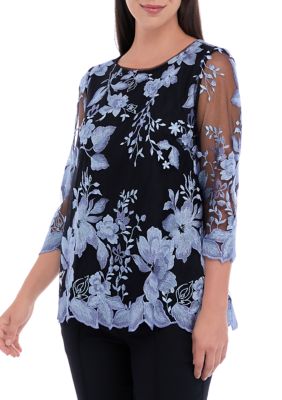 Alex Evenings Embroidered Stretch Tulle Scoop Neck 3/4 Sleeve Scallop Hem  Blouse