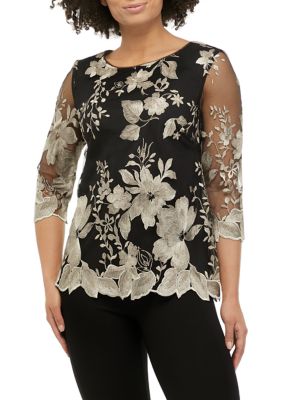 Alex Evenings Embroidered Stretch Tulle Scoop Neck 34 Sleeve Scallop Hem Blouse - M