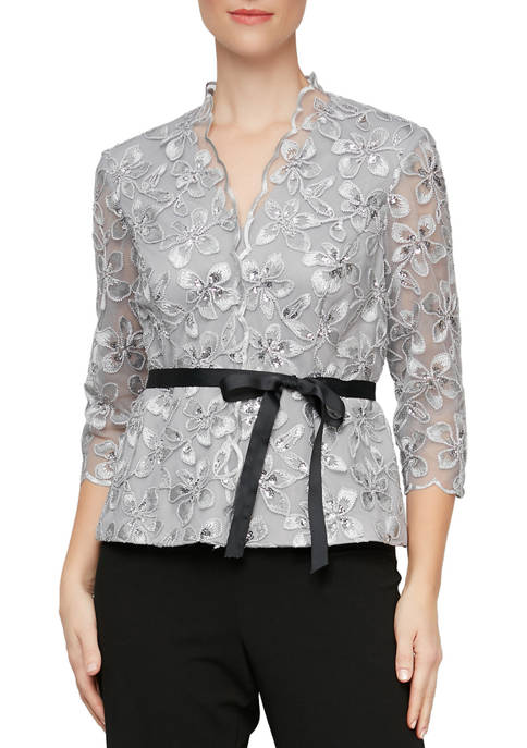 Alex Evenings Womens Embroidered Blouse with Tie Belt