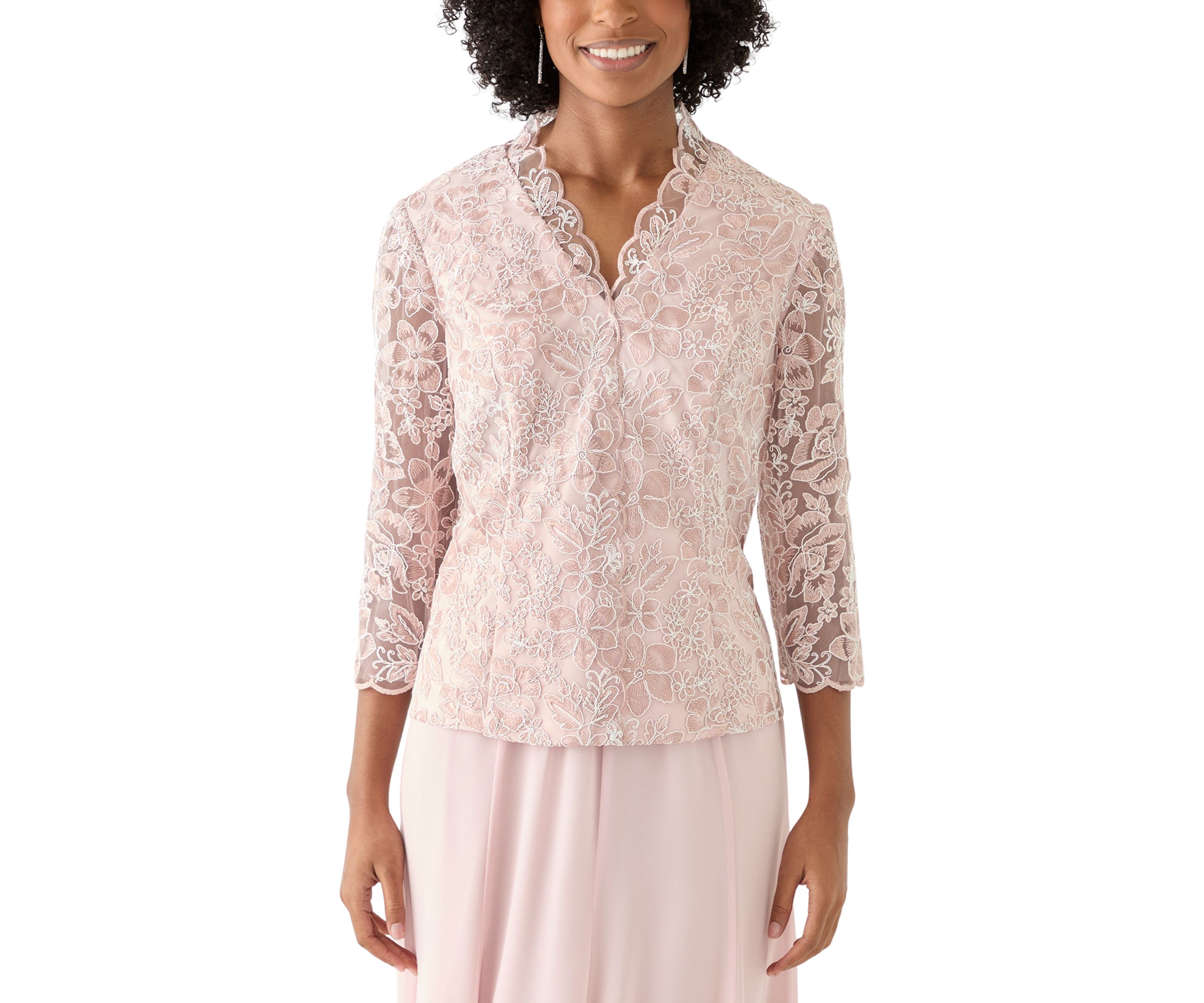 Womens 3/4 Sleeve V-Neck Lace Top