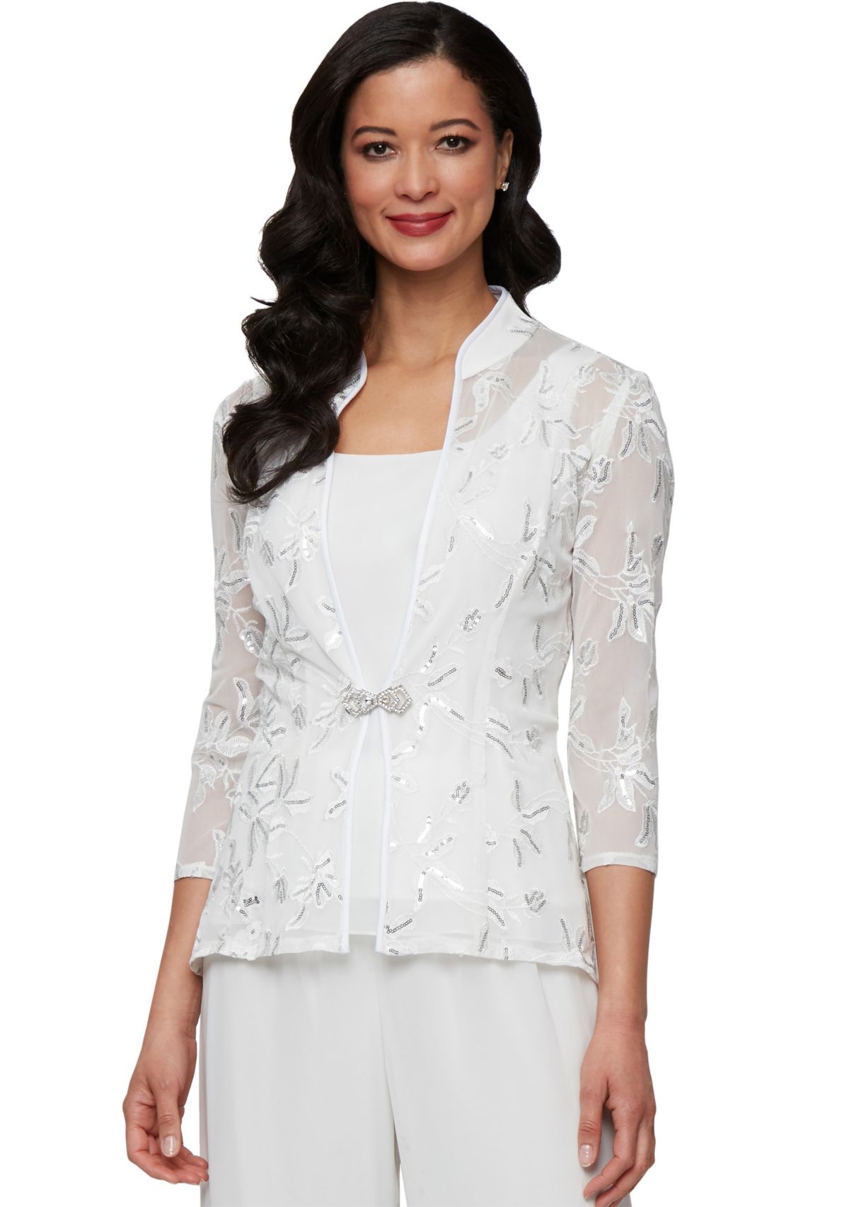 Womens 3/4 Sleeve Embroidered Twinset Top with Square Neck