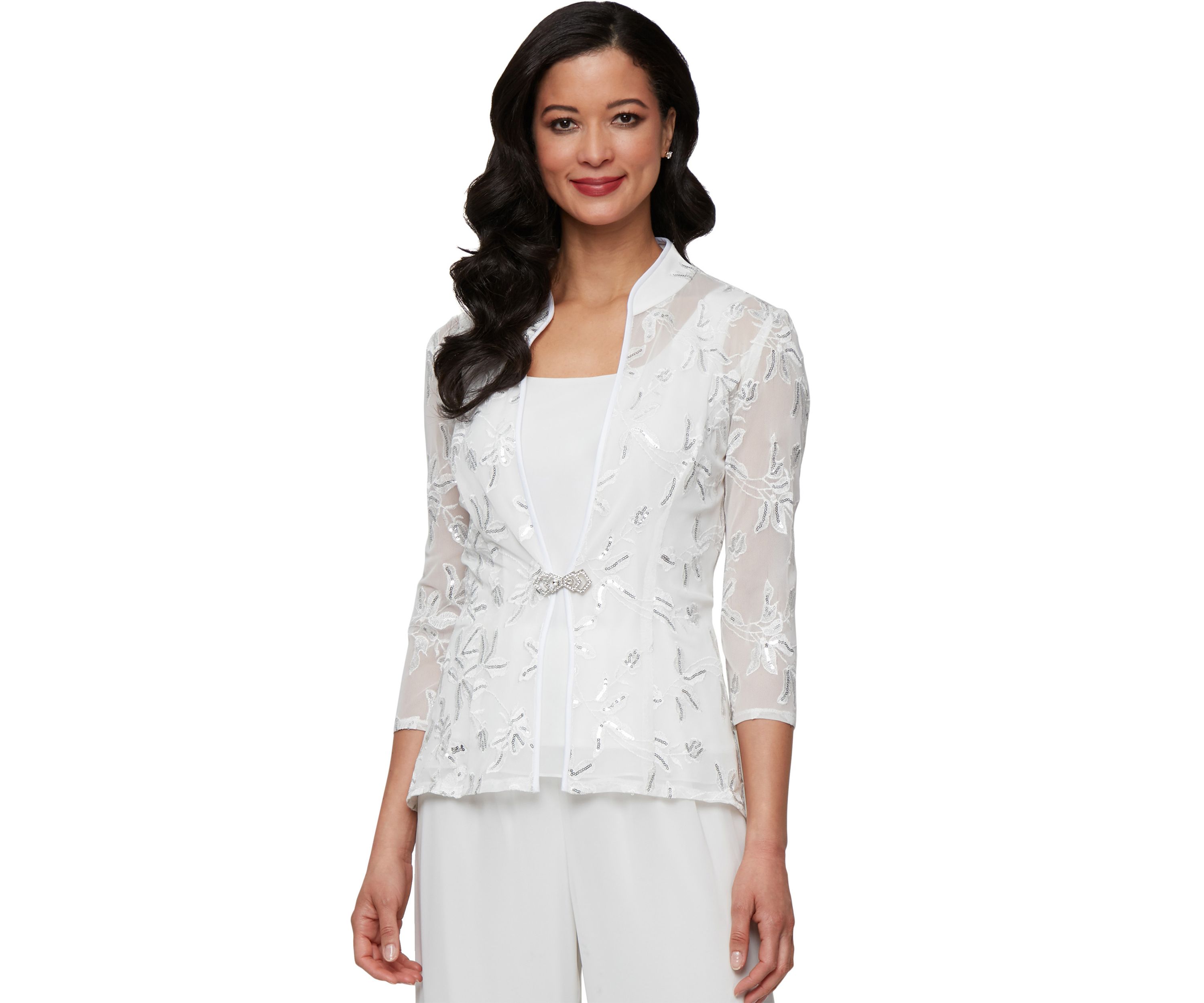 Womens 3/4 Sleeve Embroidered Twinset Top with Square Neck