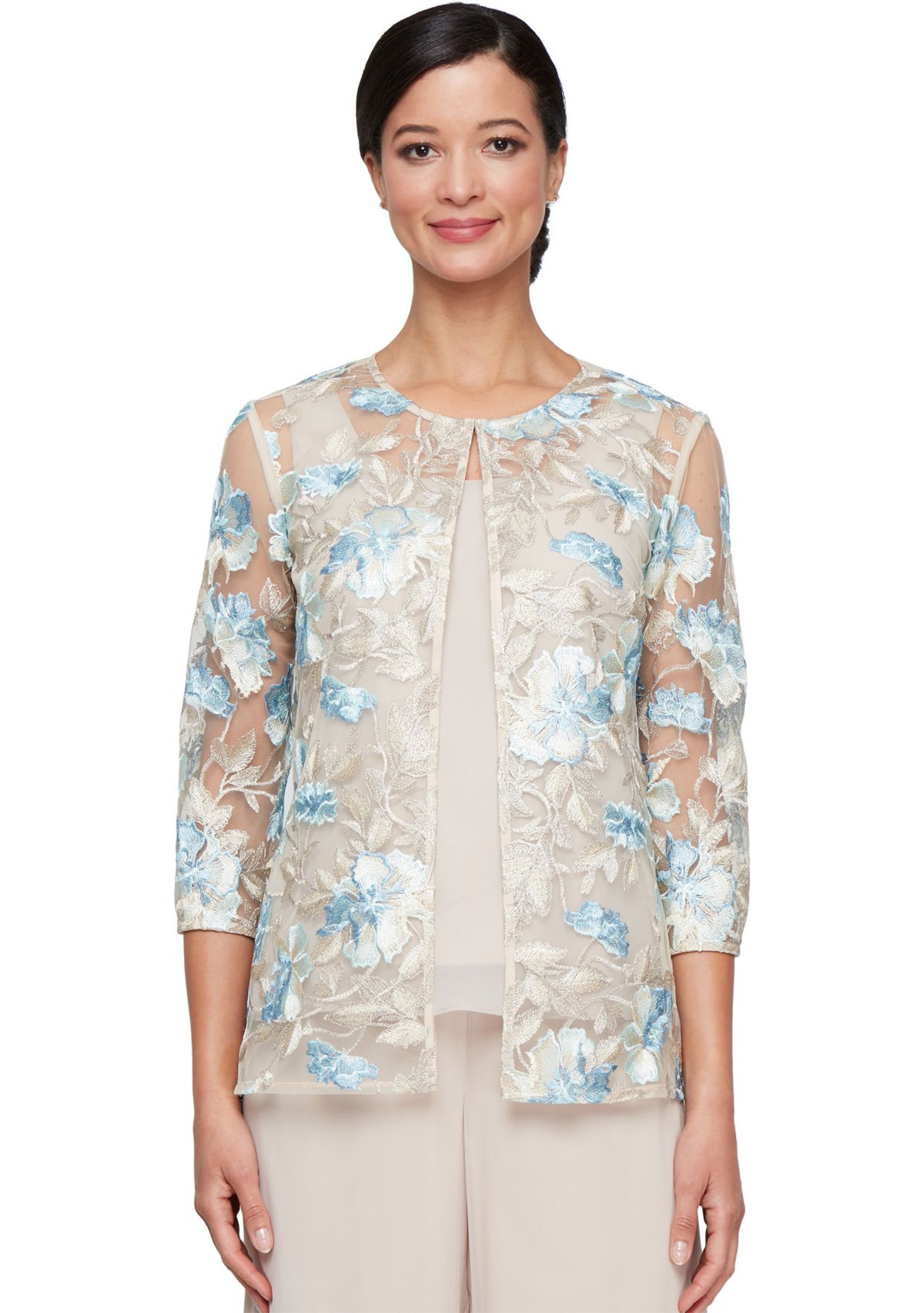 Womens 3/4 Sleeve Embroidered Twinset with Solid Chiffon Tank Top