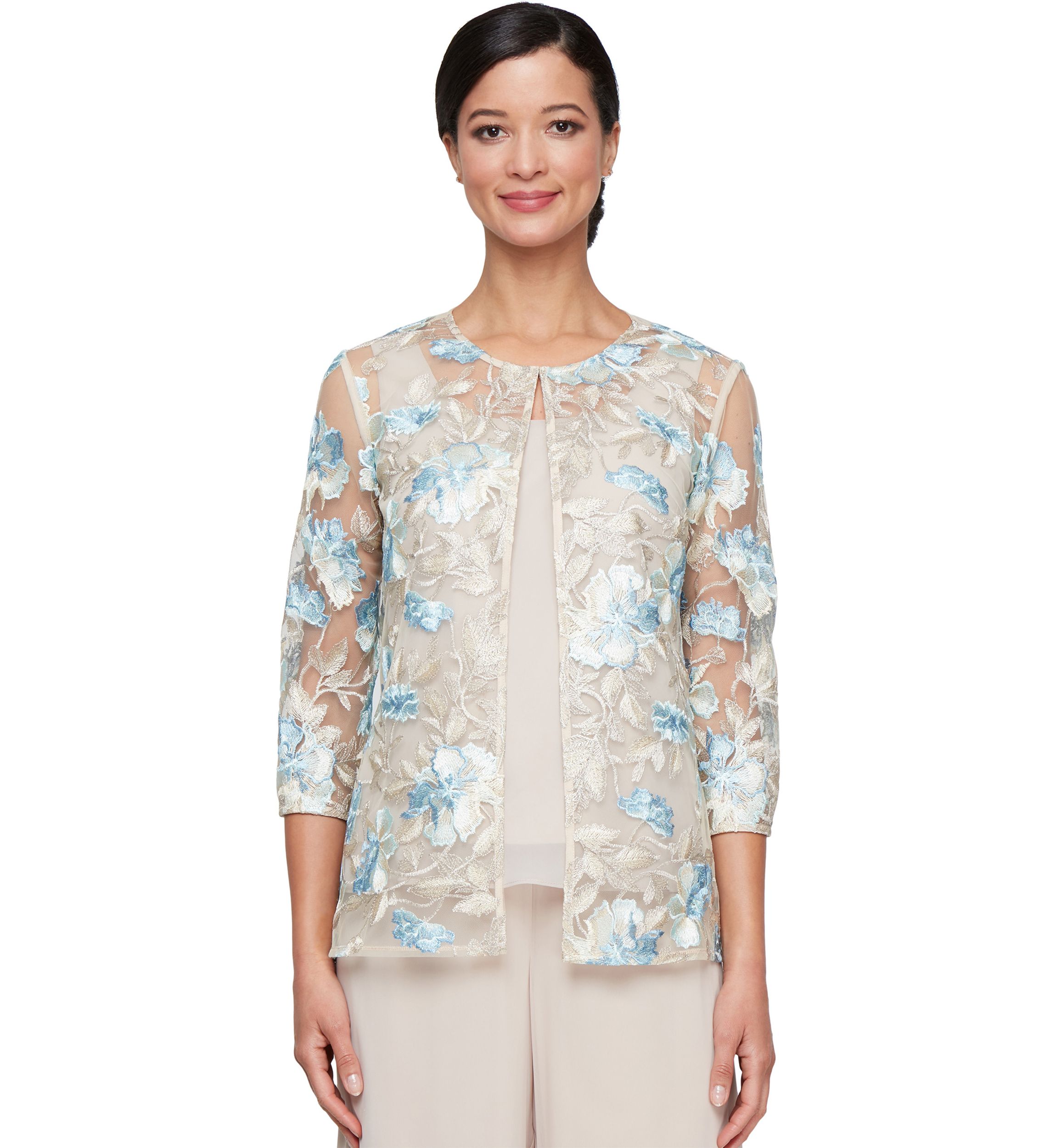 Womens 3/4 Sleeve Embroidered Twinset with Solid Chiffon Tank Top