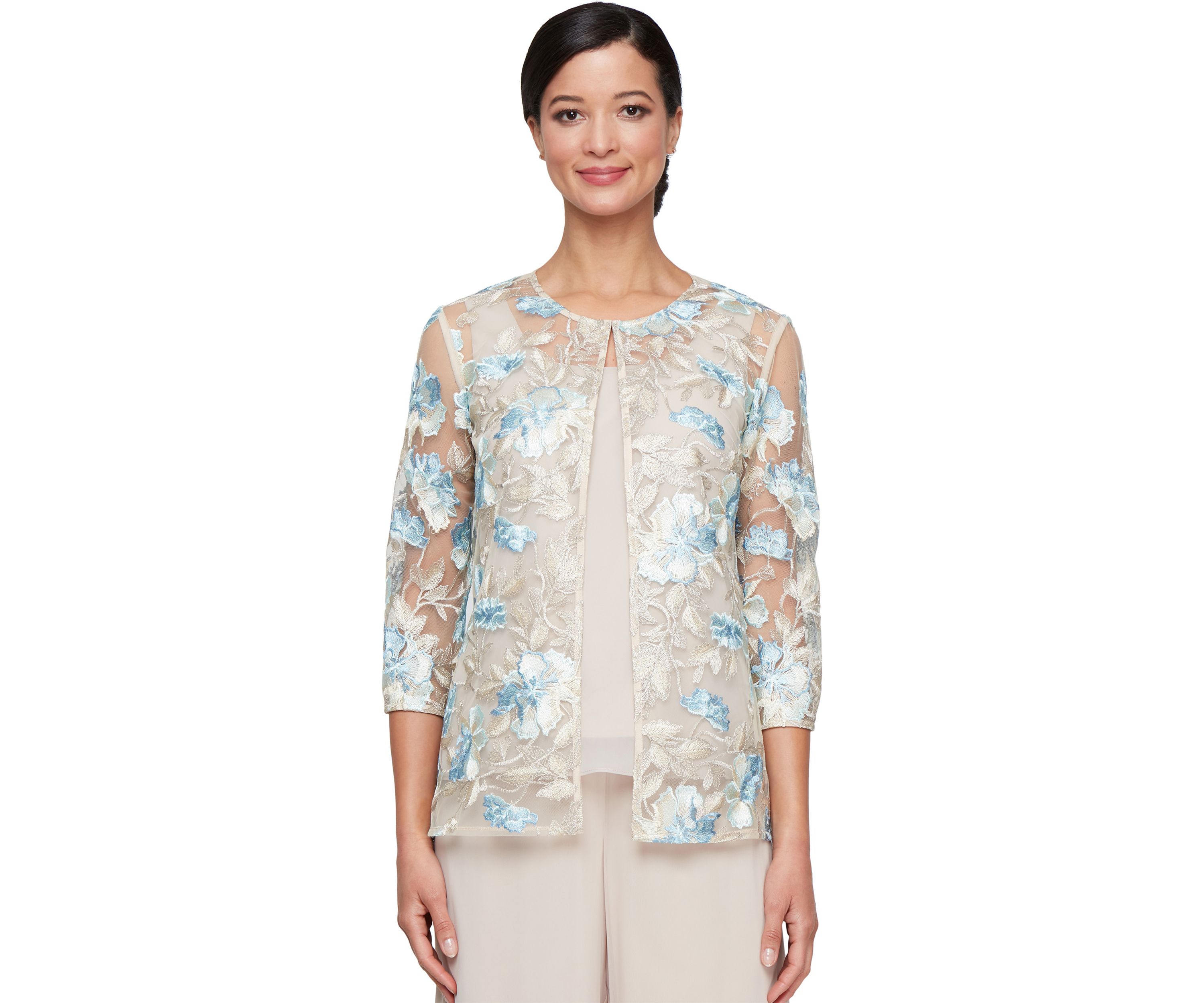 Womens 3/4 Sleeve Embroidered Twinset with Solid Chiffon Tank Top