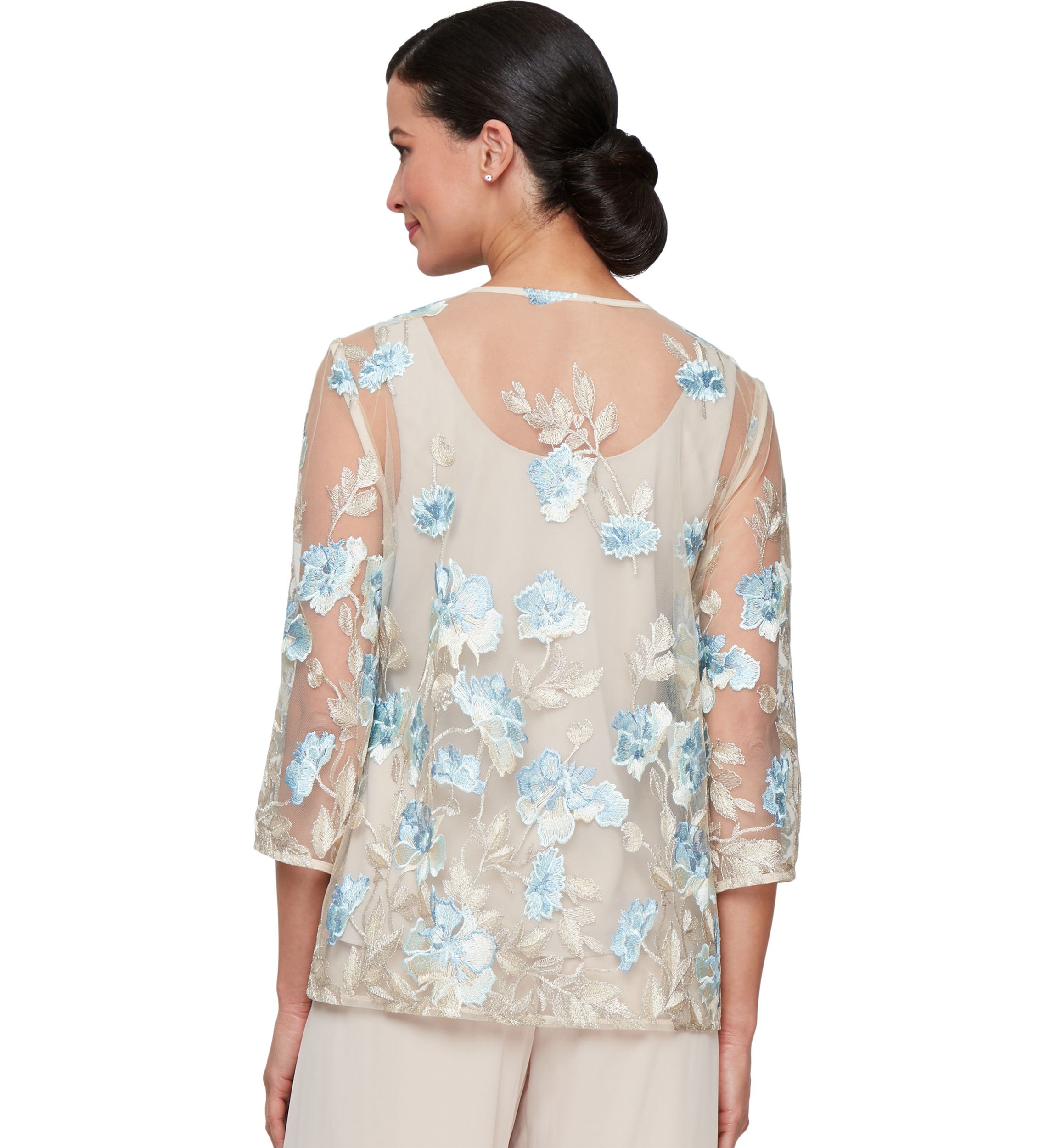 Womens 3/4 Sleeve Embroidered Twinset with Solid Chiffon Tank Top