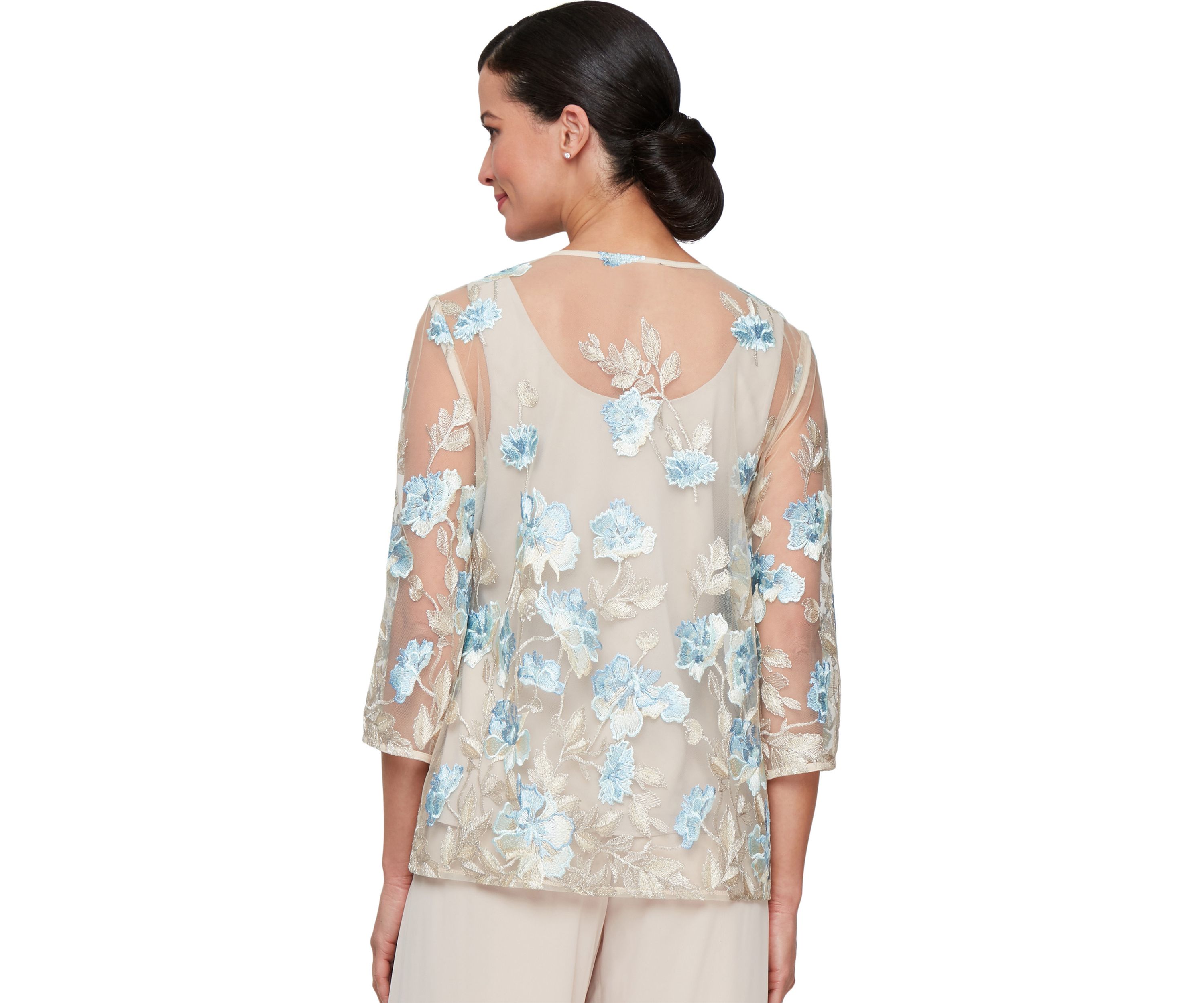 Womens 3/4 Sleeve Embroidered Twinset with Solid Chiffon Tank Top