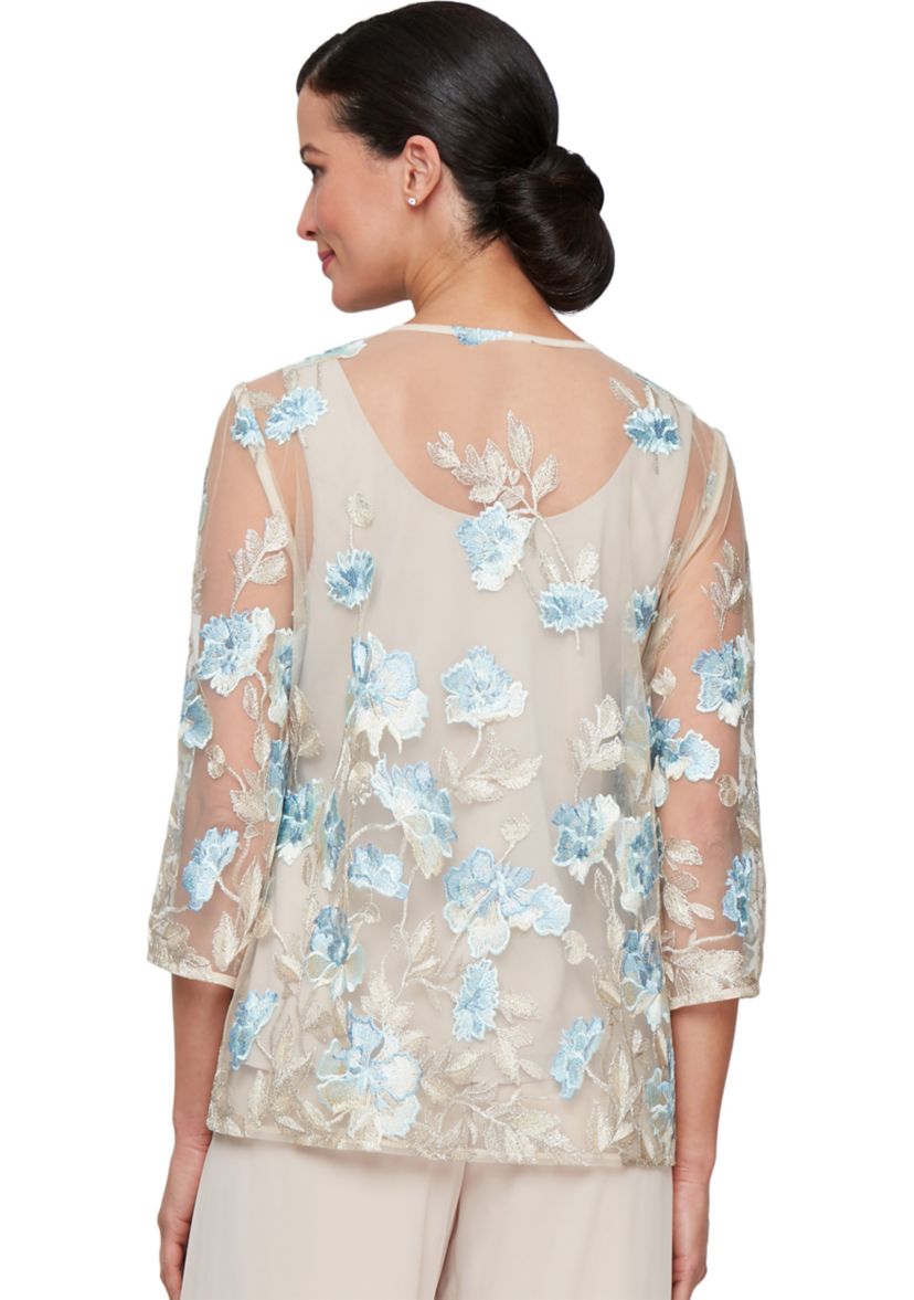Womens 3/4 Sleeve Embroidered Twinset with Solid Chiffon Tank Top