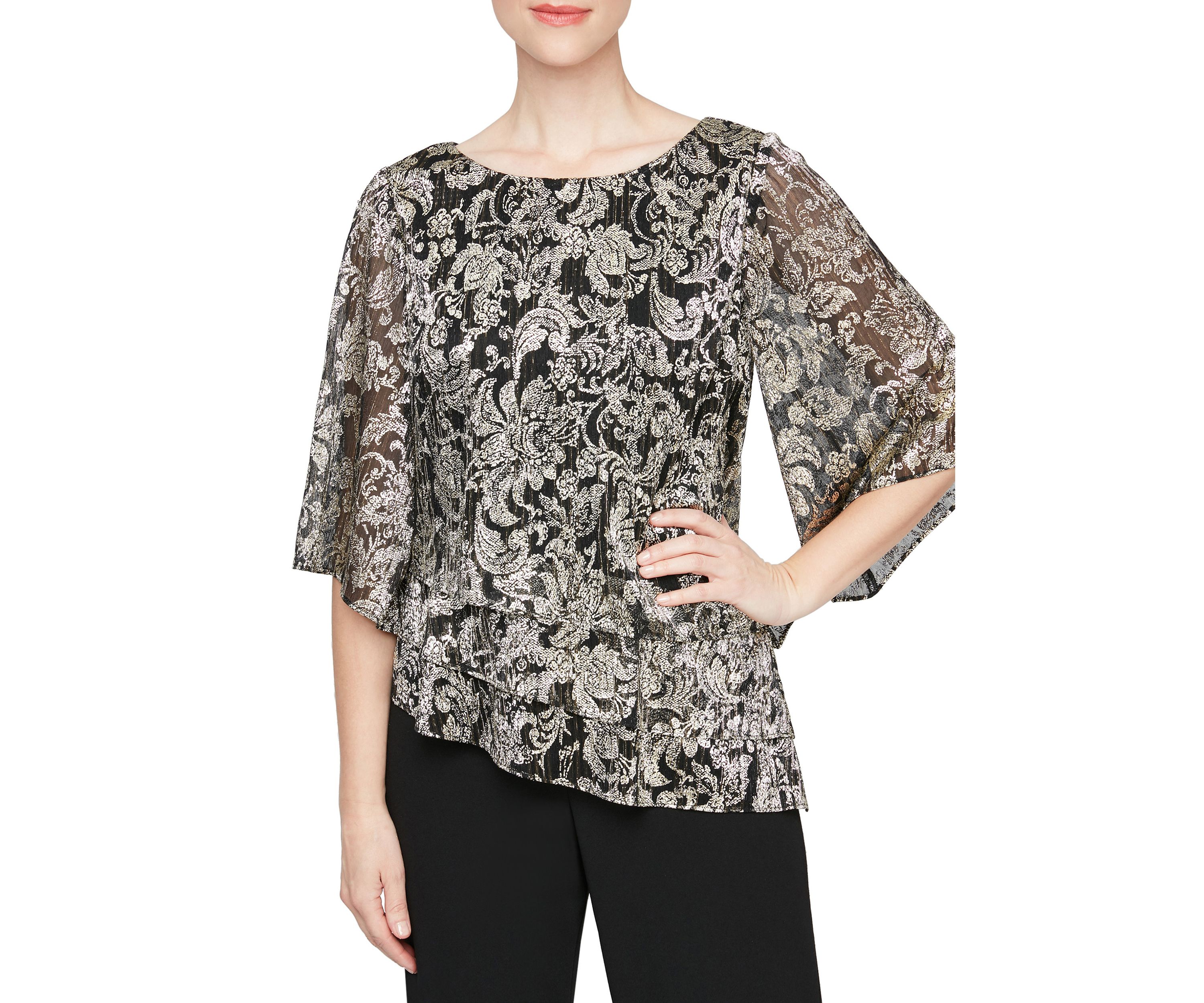 Womens Printed Blouse with Asymmetric Triple Tier Hem