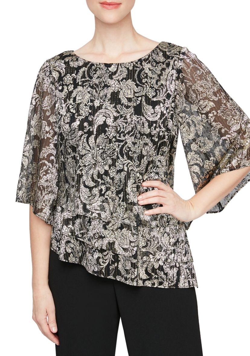 Womens Printed Blouse with Asymmetric Triple Tier Hem