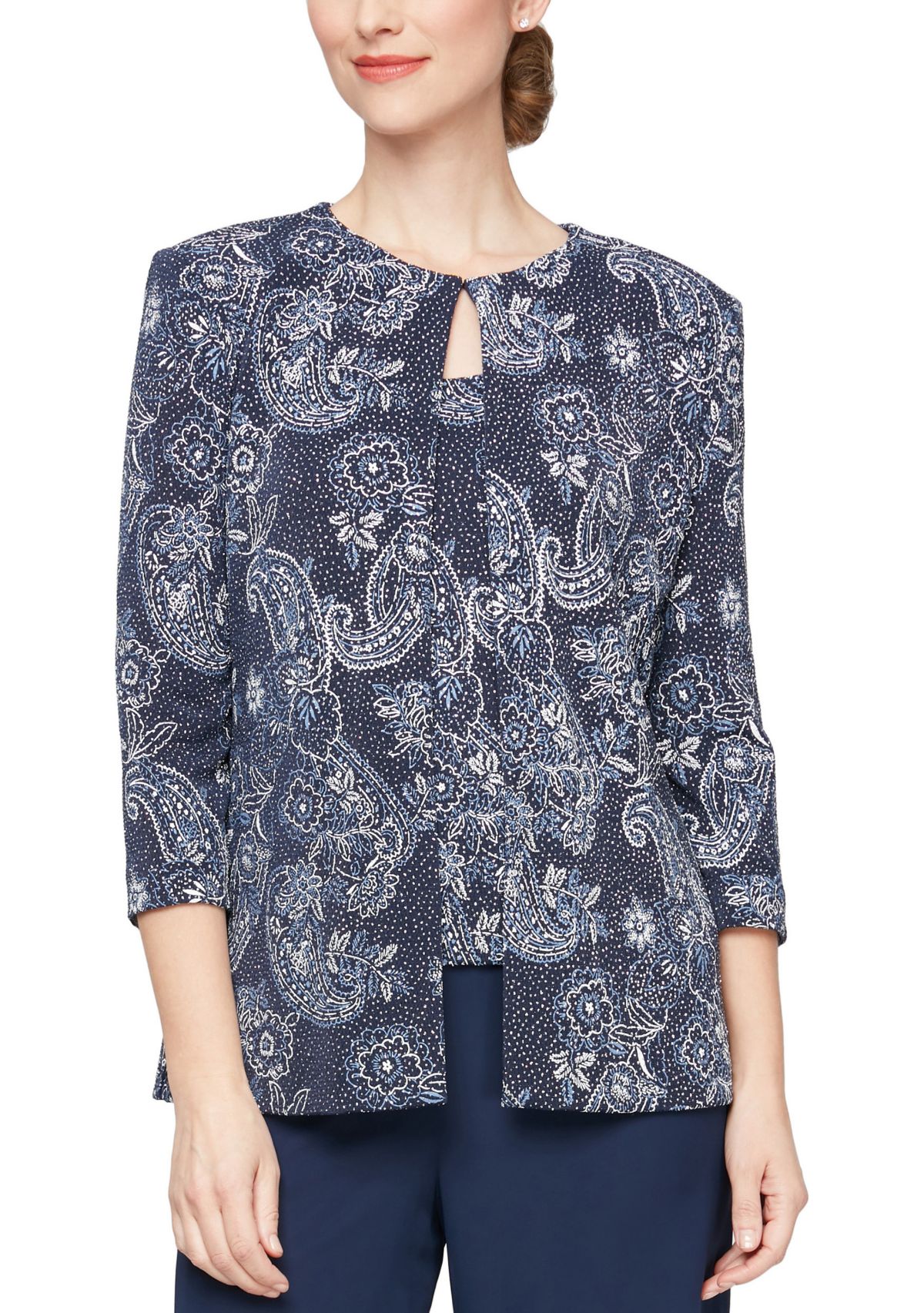 Womens 3/4 Sleeve Printed Metallic Knit Twinset with Tank Top