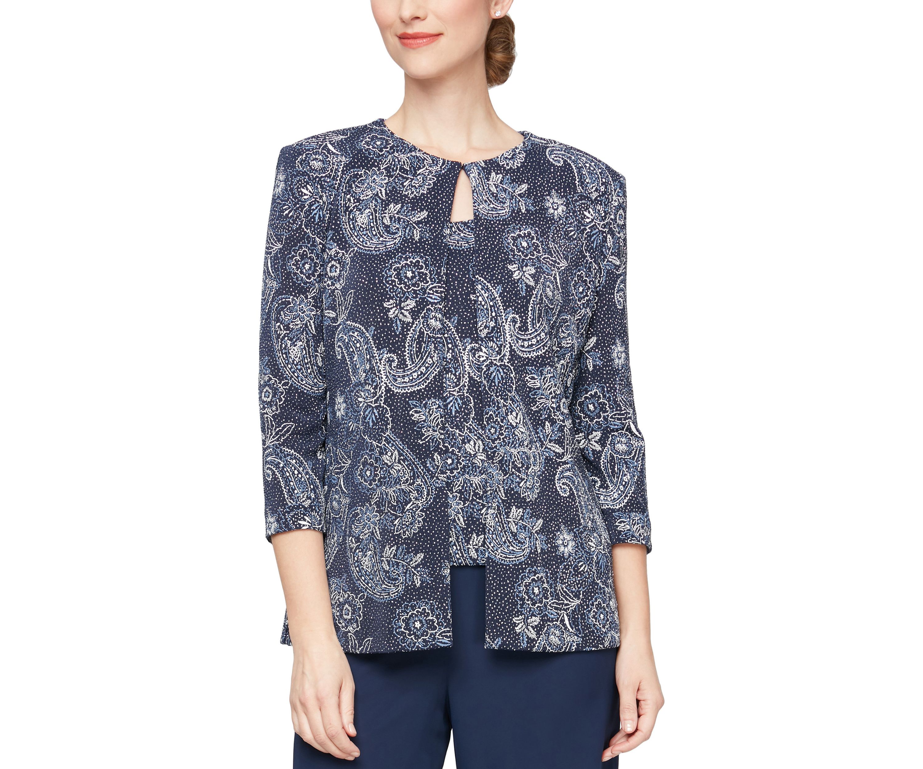 Womens 3/4 Sleeve Printed Metallic Knit Twinset with Tank Top