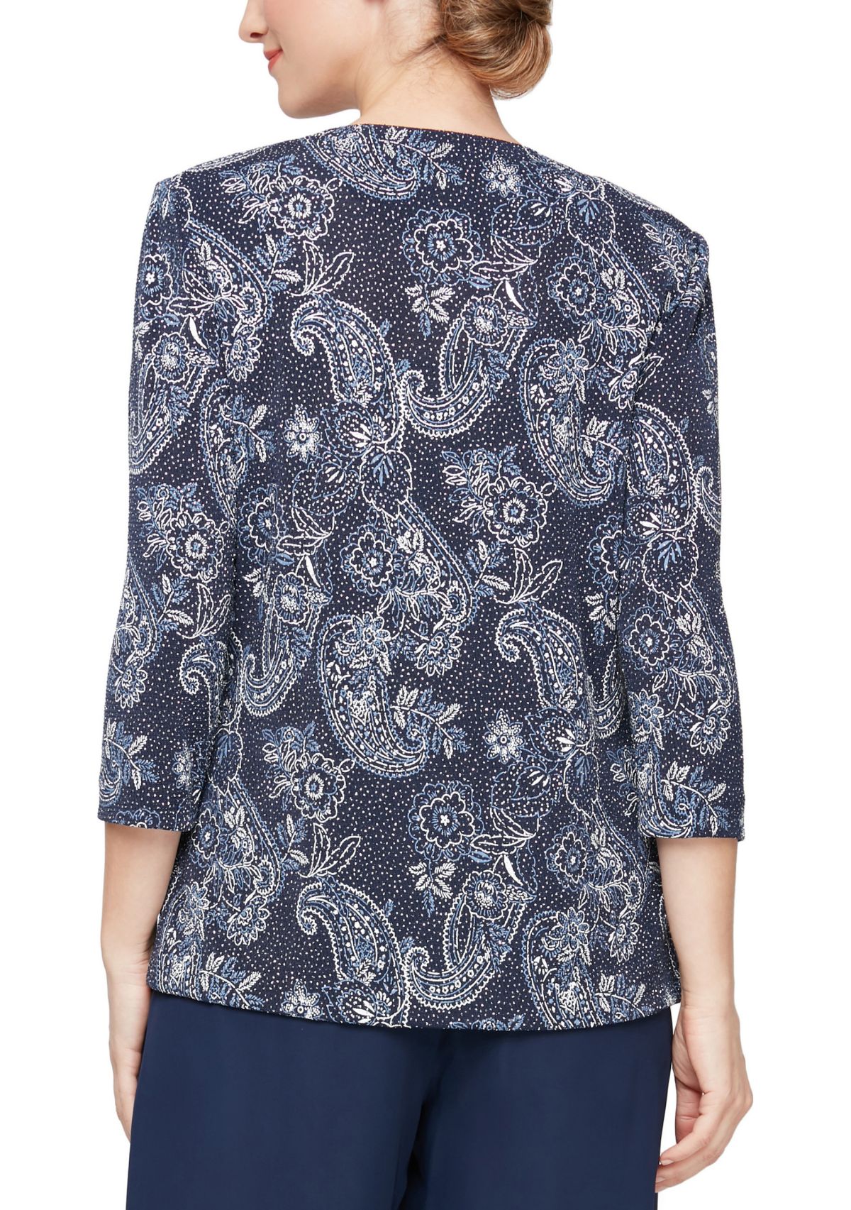 Womens 3/4 Sleeve Printed Metallic Knit Twinset with Tank Top