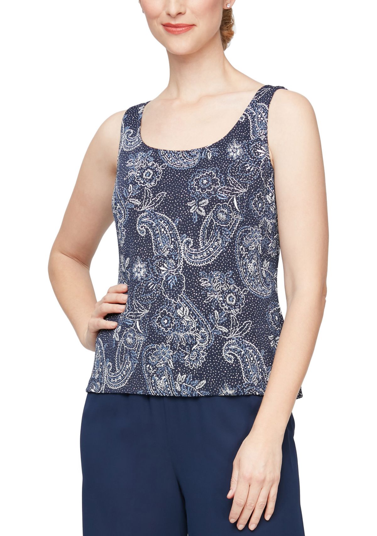 Womens 3/4 Sleeve Printed Metallic Knit Twinset with Tank Top