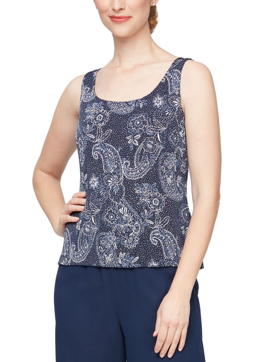 Womens 3/4 Sleeve Printed Metallic Knit Twinset with Tank Top