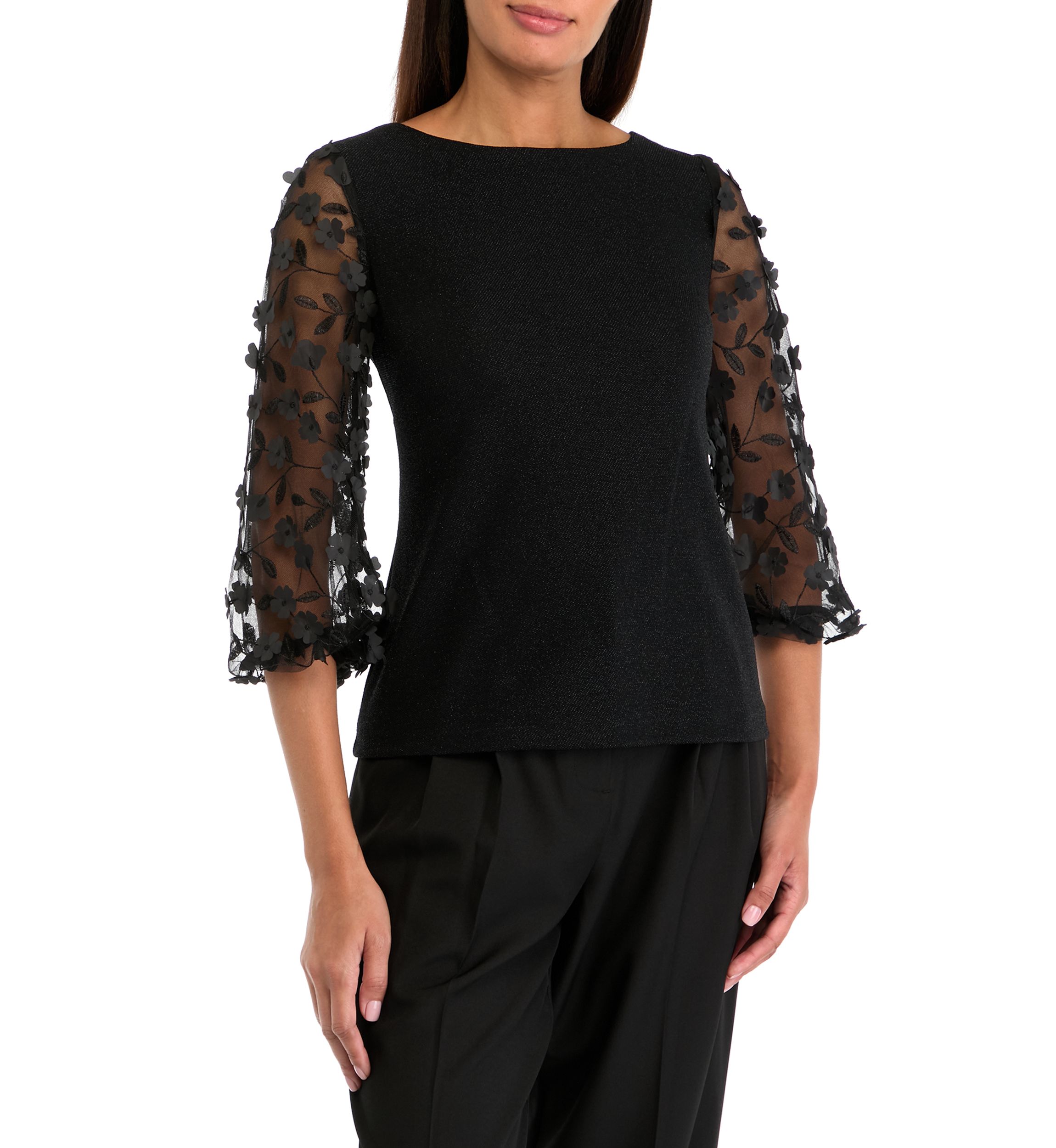Womens 3/4 Mesh Sleeve Crew Neck Solid Chiffon Top