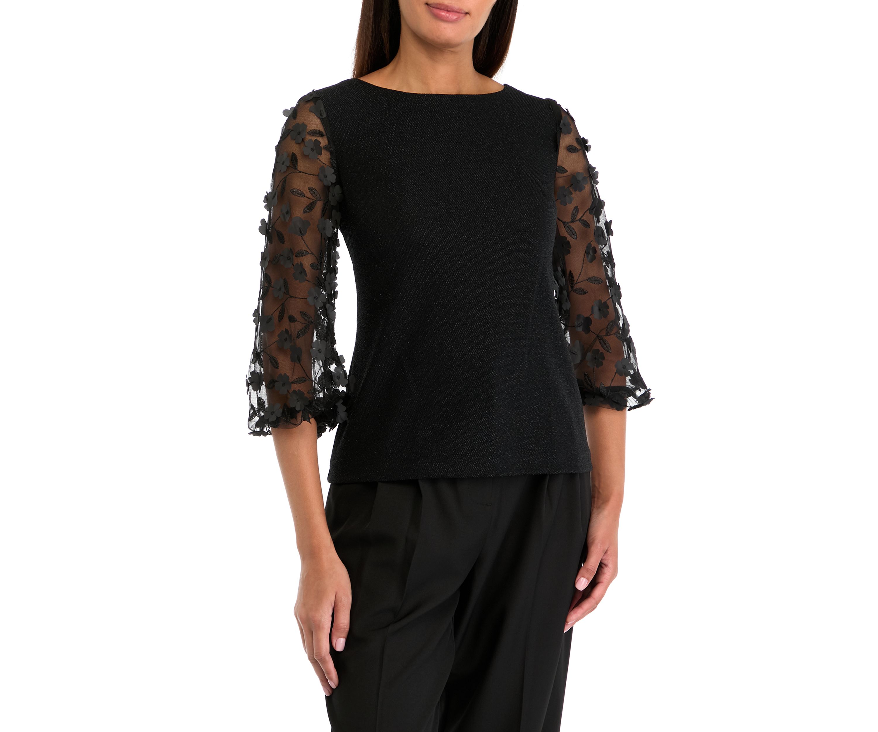 Womens 3/4 Mesh Sleeve Crew Neck Solid Chiffon Top