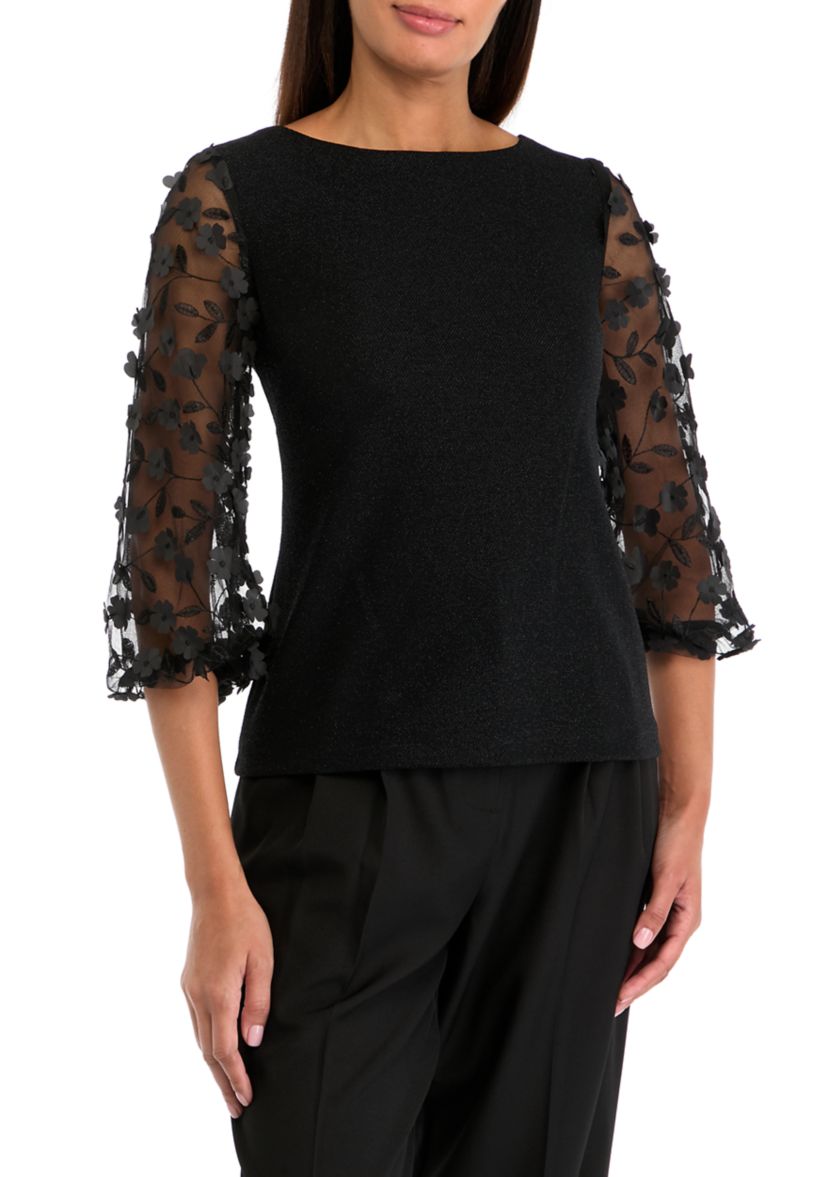 Womens 3/4 Mesh Sleeve Crew Neck Solid Chiffon Top