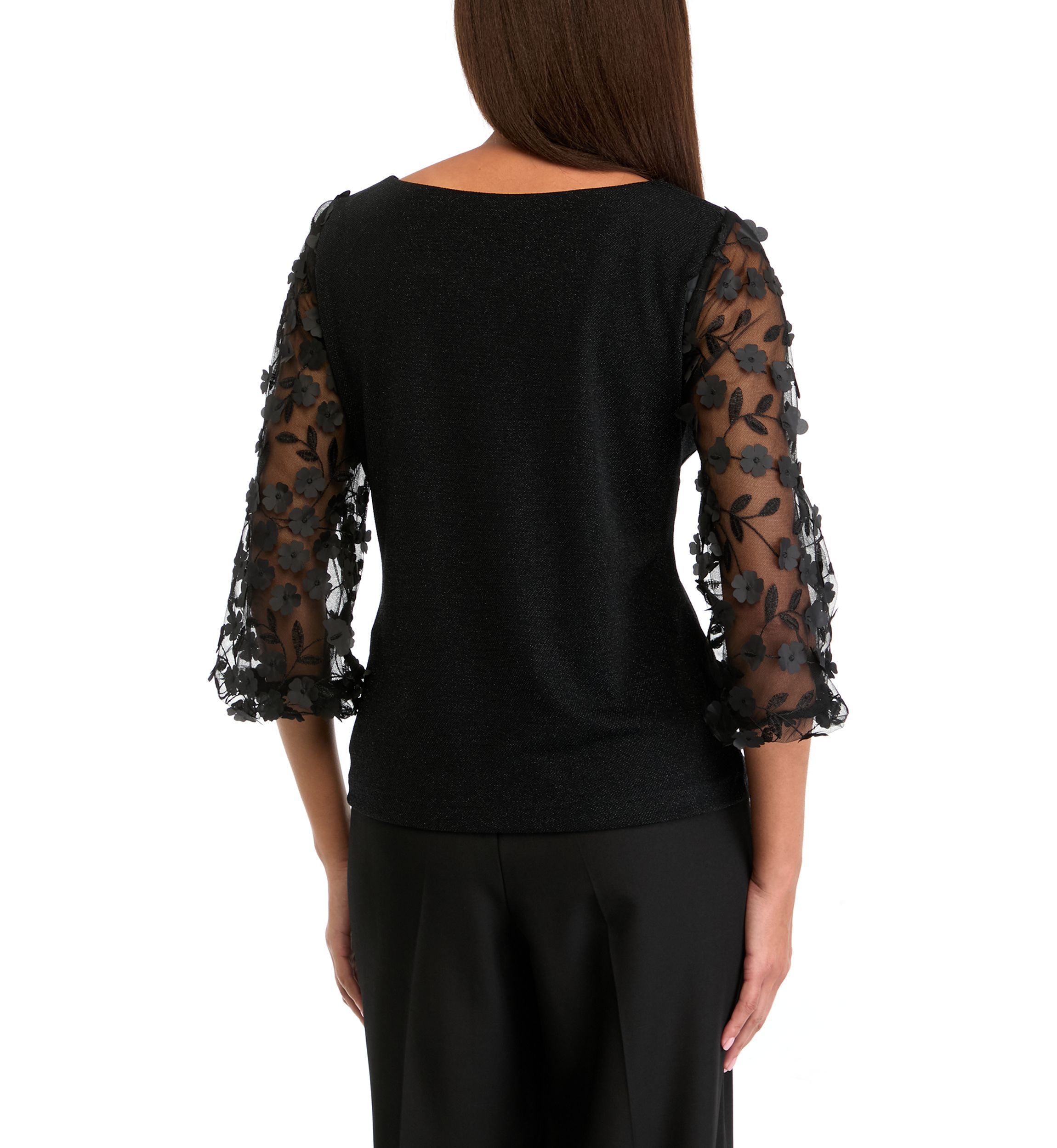 Womens 3/4 Mesh Sleeve Crew Neck Solid Chiffon Top