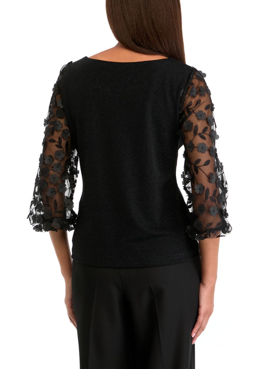 Womens 3/4 Mesh Sleeve Crew Neck Solid Chiffon Top