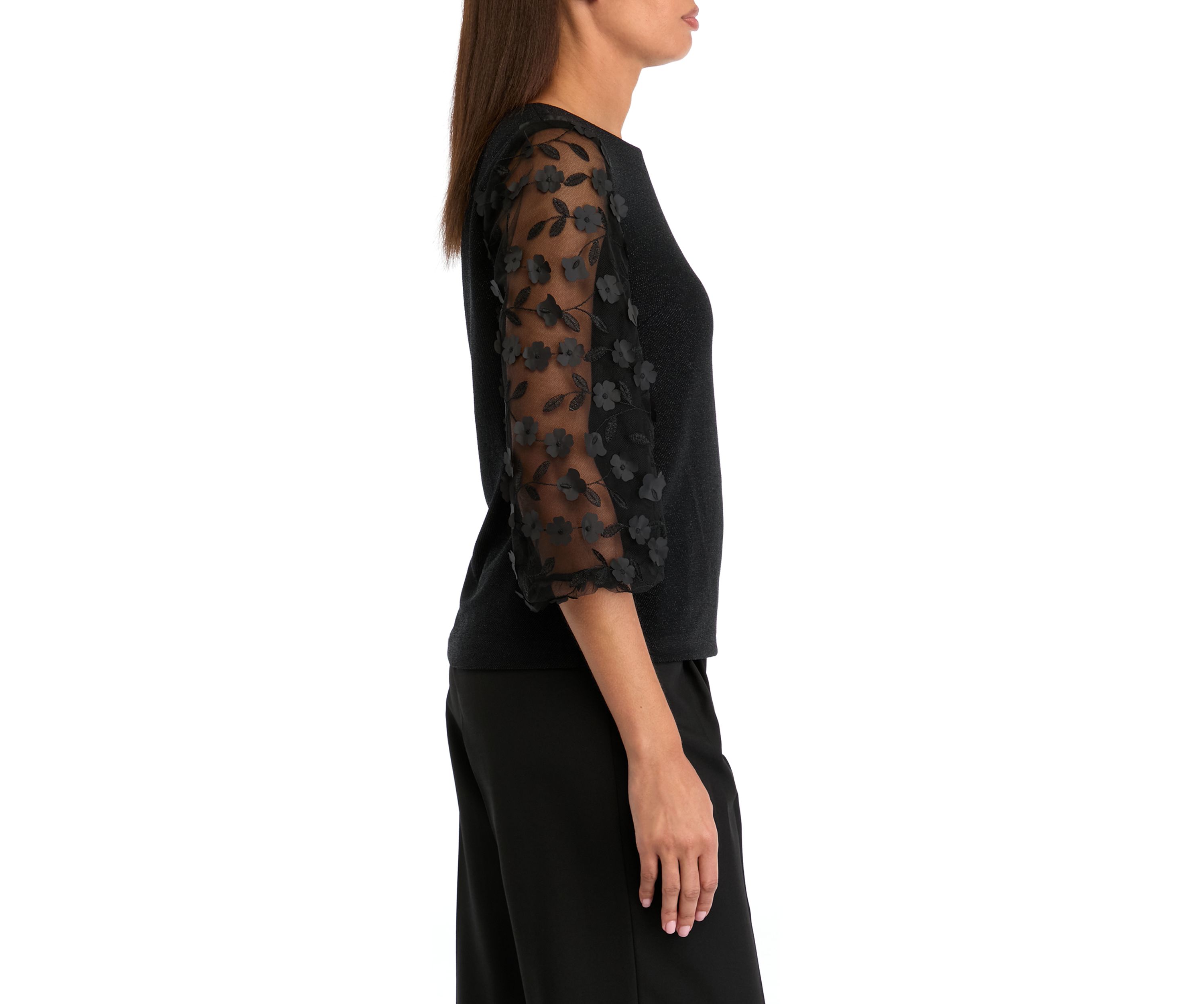 Womens 3/4 Mesh Sleeve Crew Neck Solid Chiffon Top