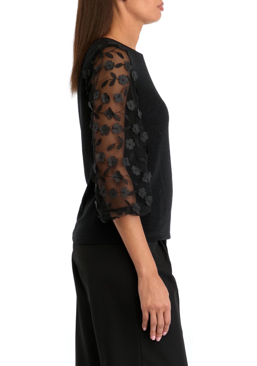 Womens 3/4 Mesh Sleeve Crew Neck Solid Chiffon Top