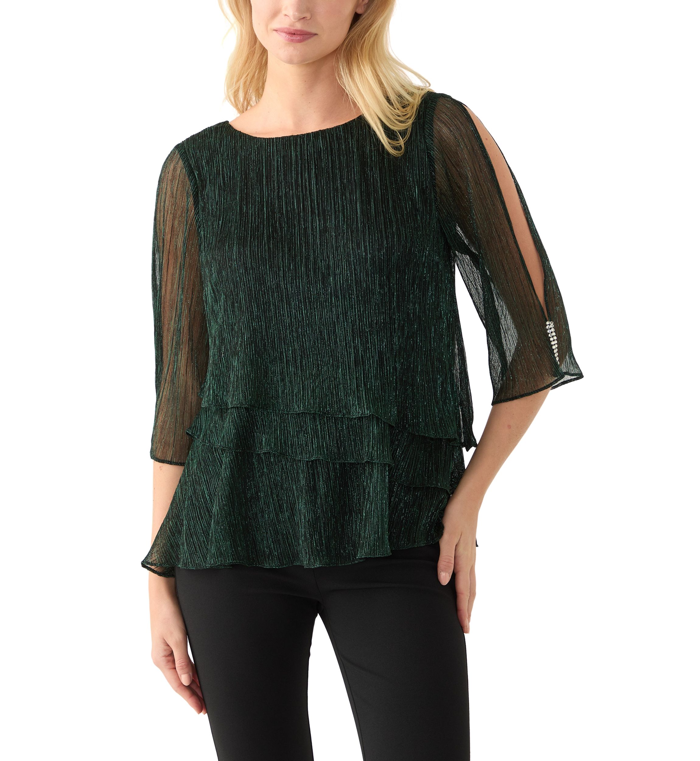 Womens 3/4 Sleeve Crew Neck Knit Top with Tiered Bottom