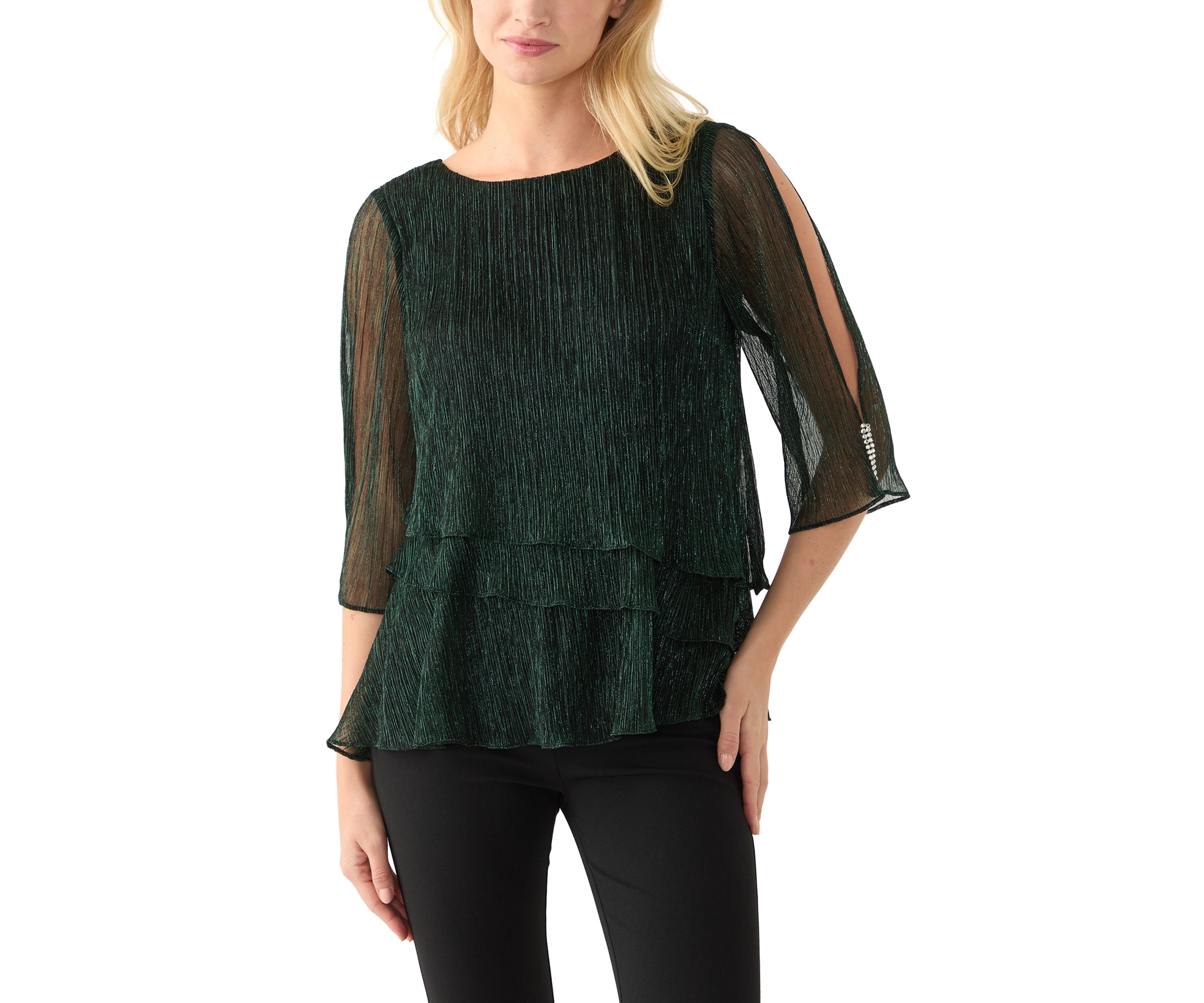 Womens 3/4 Sleeve Crew Neck Knit Top with Tiered Bottom