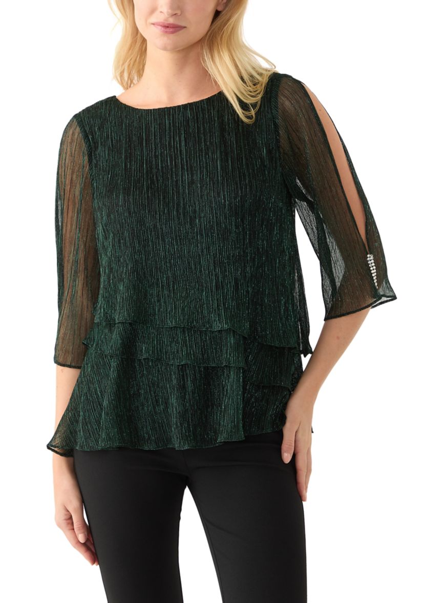 Womens 3/4 Sleeve Crew Neck Knit Top with Tiered Bottom