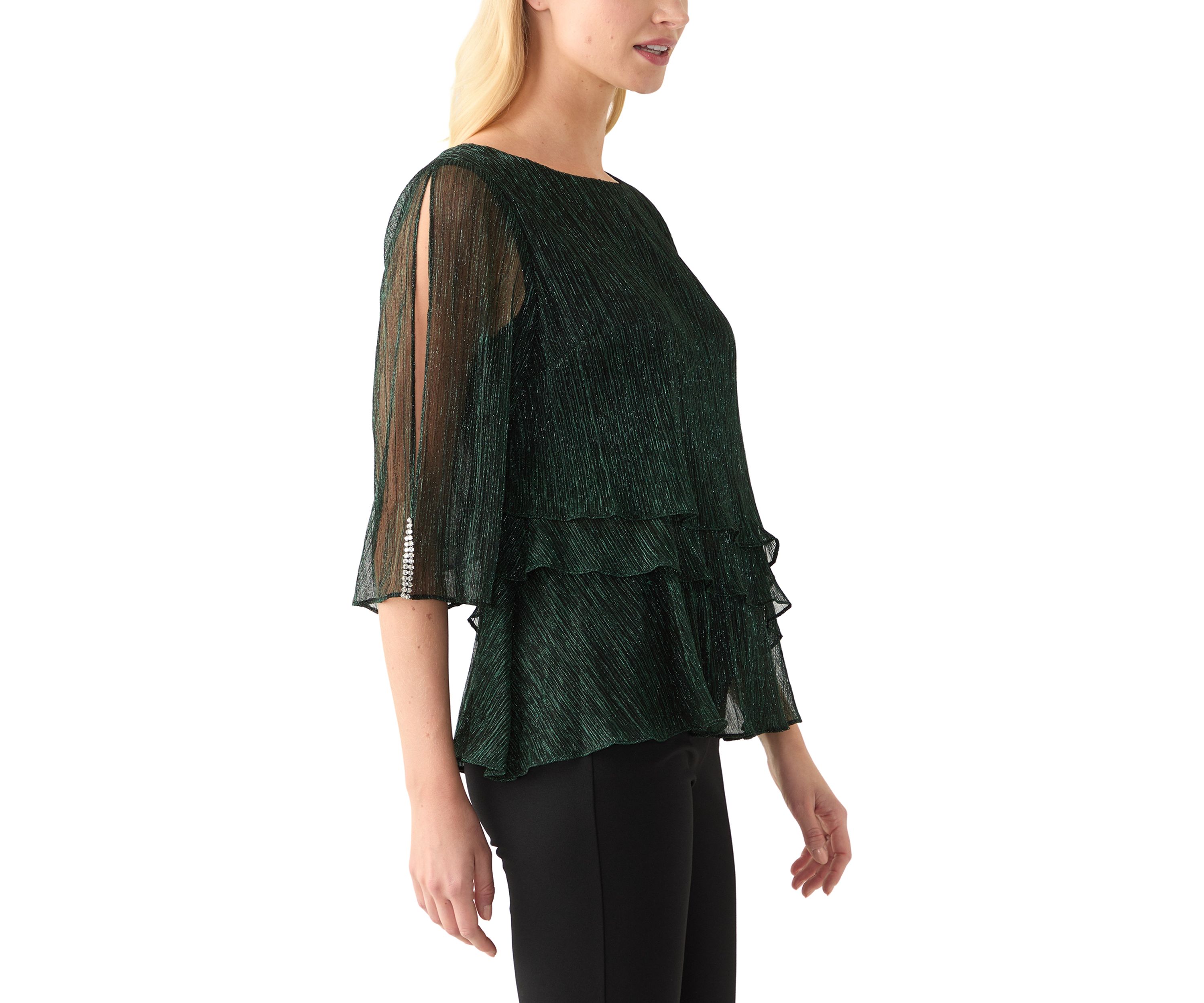 Womens 3/4 Sleeve Crew Neck Knit Top with Tiered Bottom