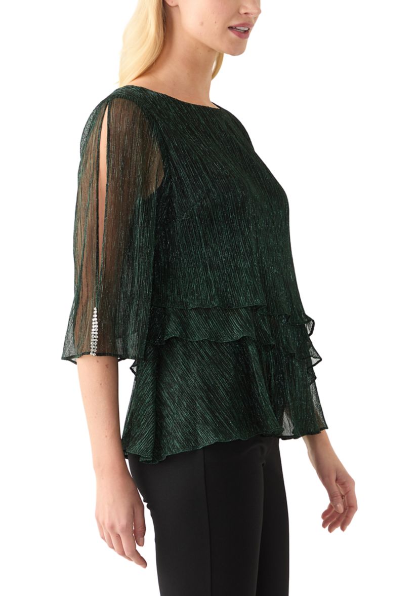 Womens 3/4 Sleeve Crew Neck Knit Top with Tiered Bottom