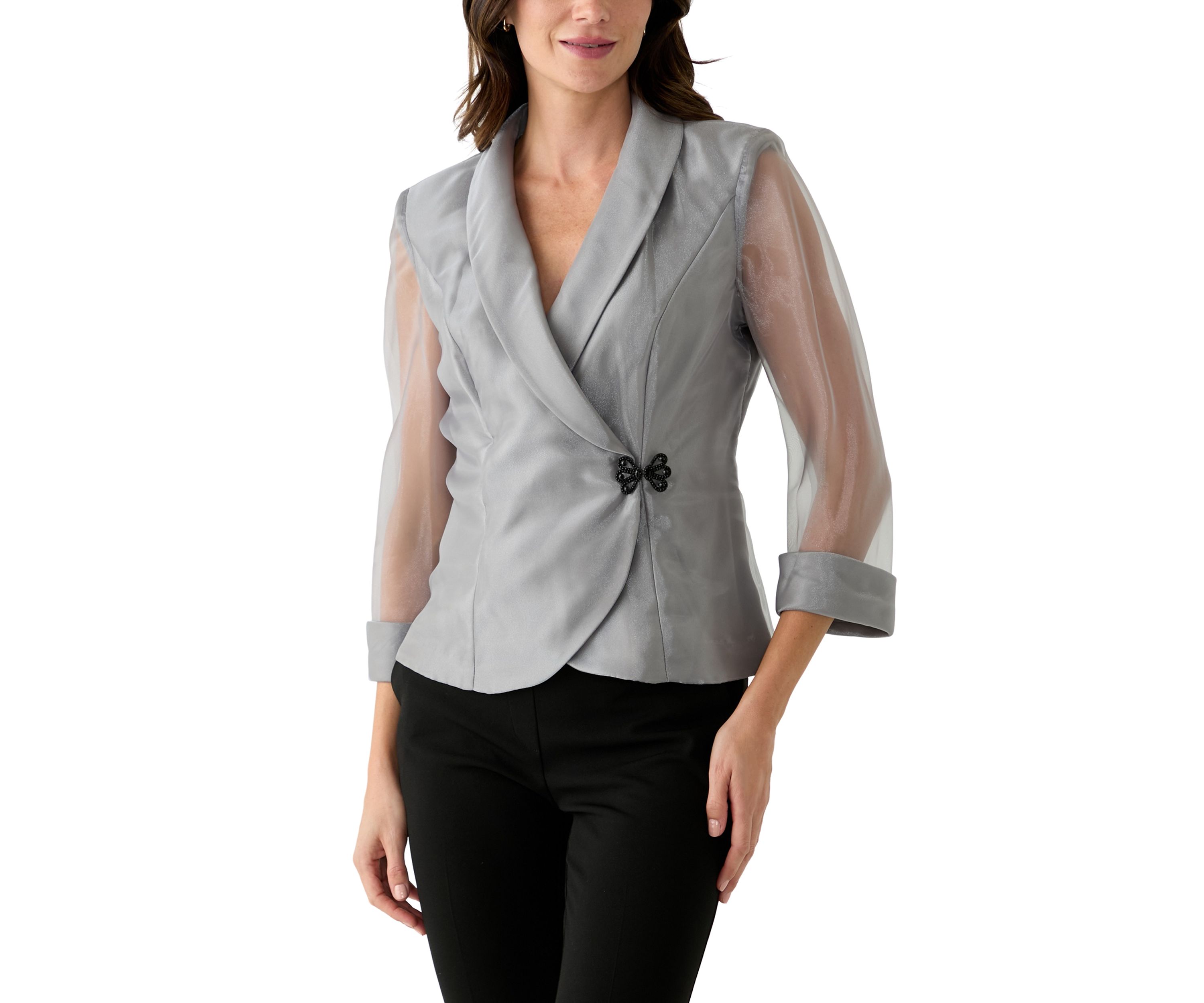 Womens 3/4 Sleeve V-Neck Solid Taffeta Top 