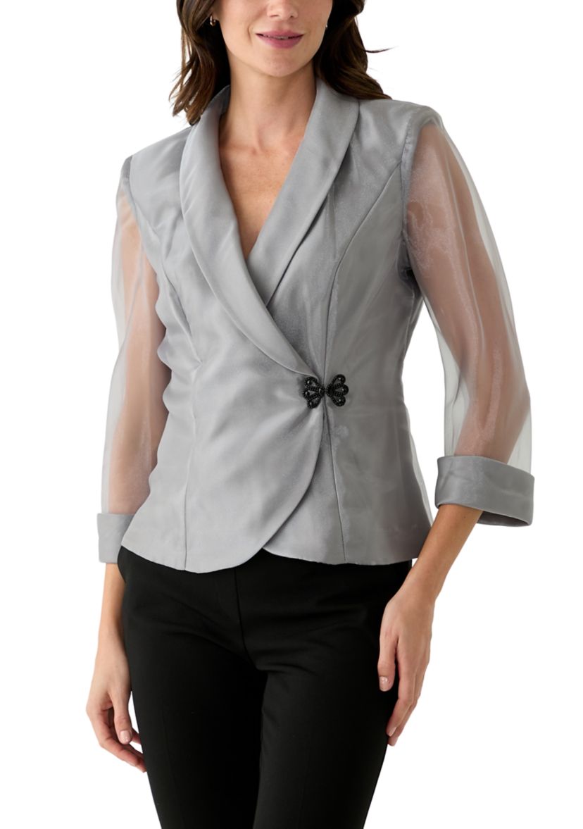 Womens 3/4 Sleeve V-Neck Solid Taffeta Top 