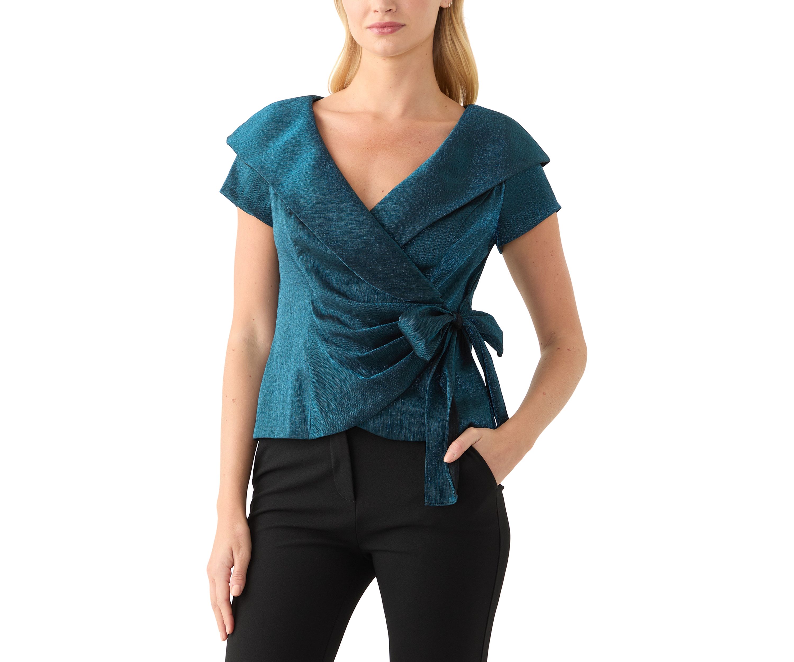 Womens Short Sleeve Ruffle V-Neck Solid Taffeta Wrap Top