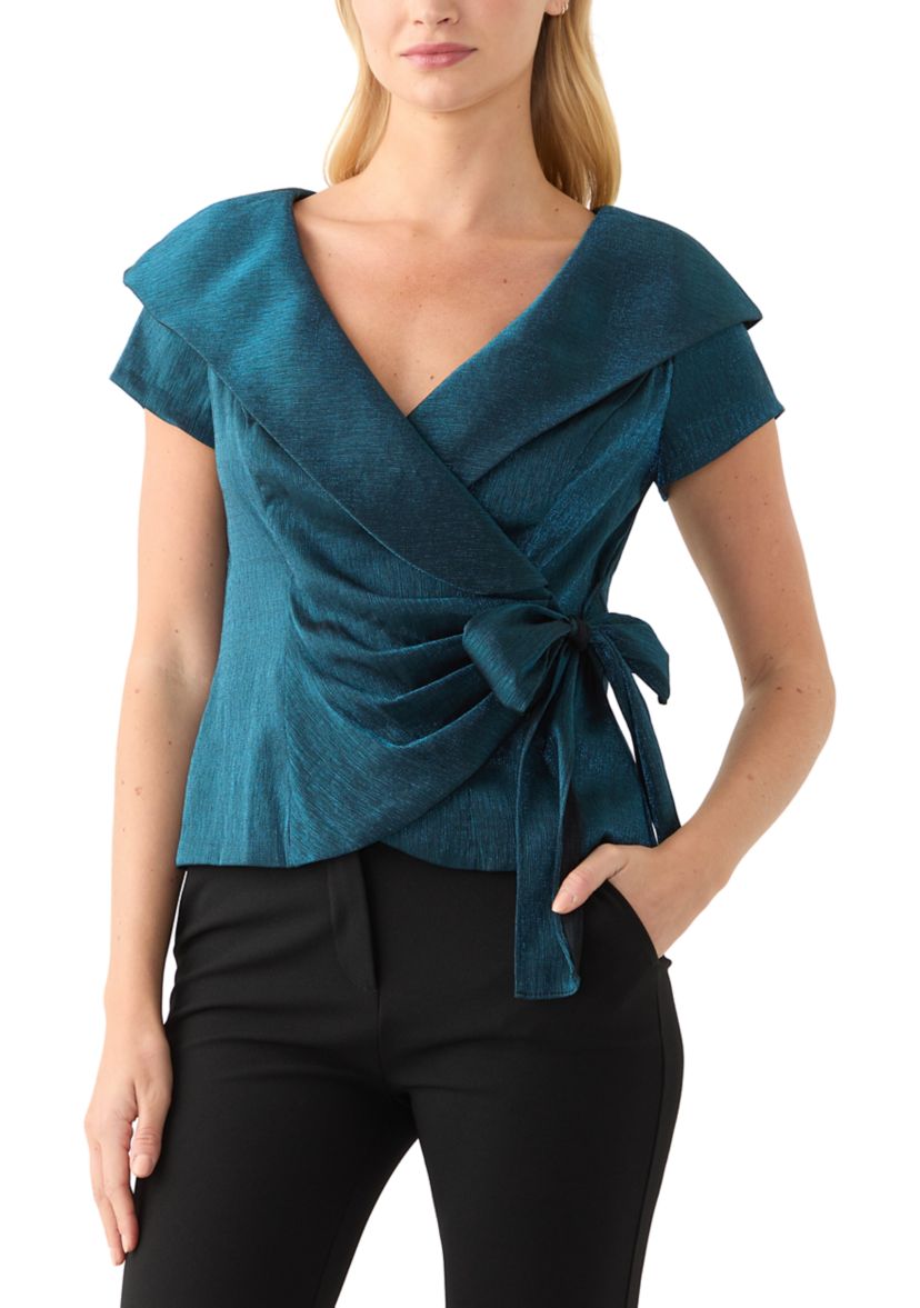 Womens Short Sleeve Ruffle V-Neck Solid Taffeta Wrap Top